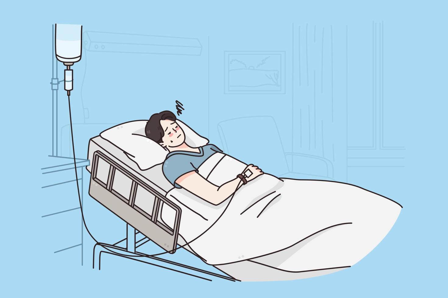 Healthcare and medicine concept. Sick sad unhappy young man cartoon character attached to intravenous drip lying on bed in hospital room feeling depressed vector illustration