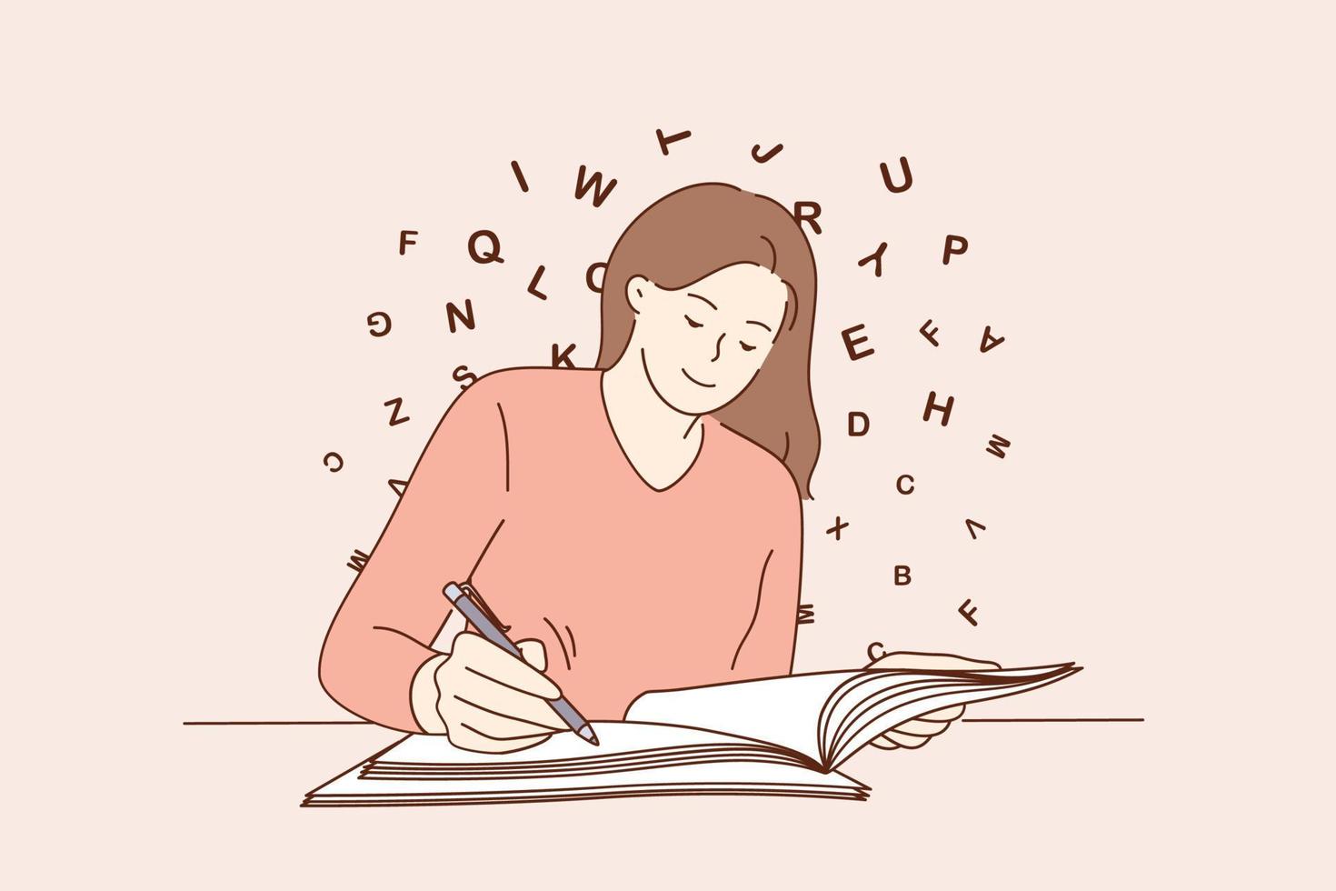 Education, copy space, writing concept. Young smiling woman sitting writing on blank notebook on table feeling creative and positive vector illustration