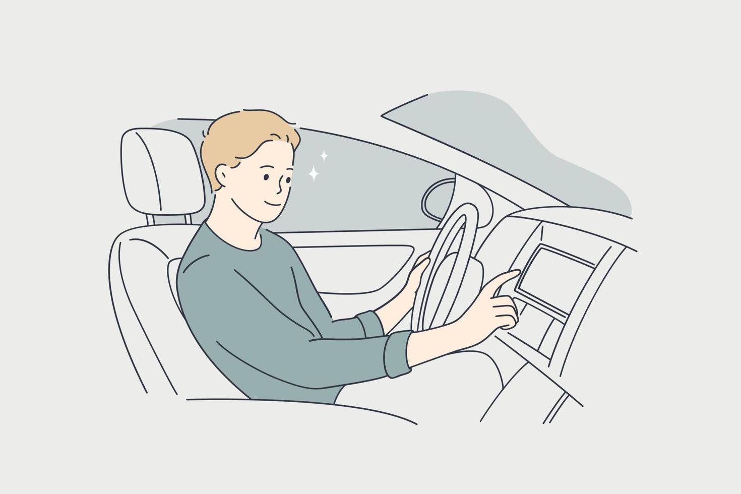 conducción de automóviles y concepto de vehículo moderno. personaje de dibujos animados de hombre joven sentado en un coche cómodo y presionando el botón de aire acondicionado o ilustración de vector de música