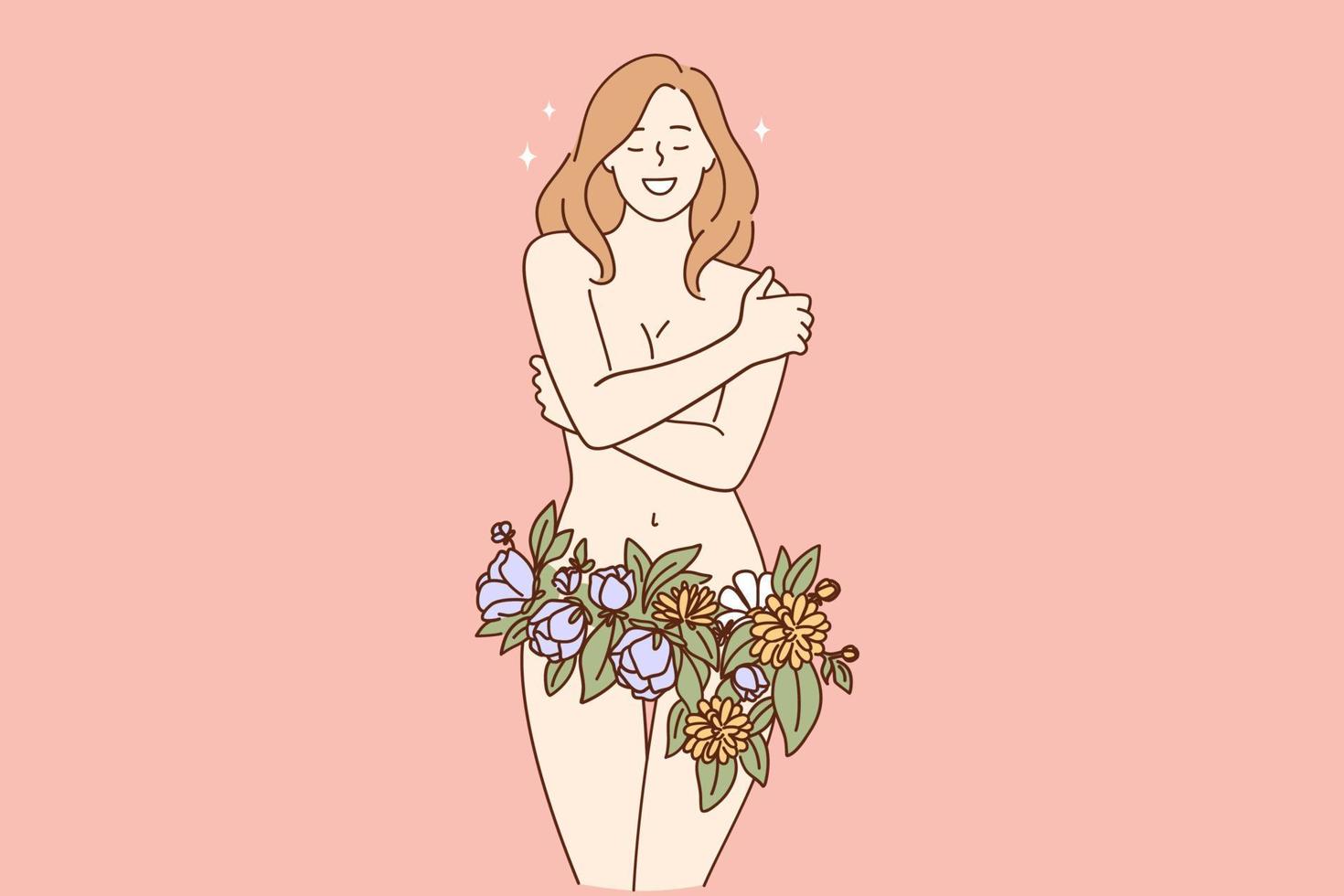 Female body beauty concept. Beautiful naked young smiling girl with flowers on intimate places on hips meaning Gynecology and underwear, Youth and freshness vector illustration