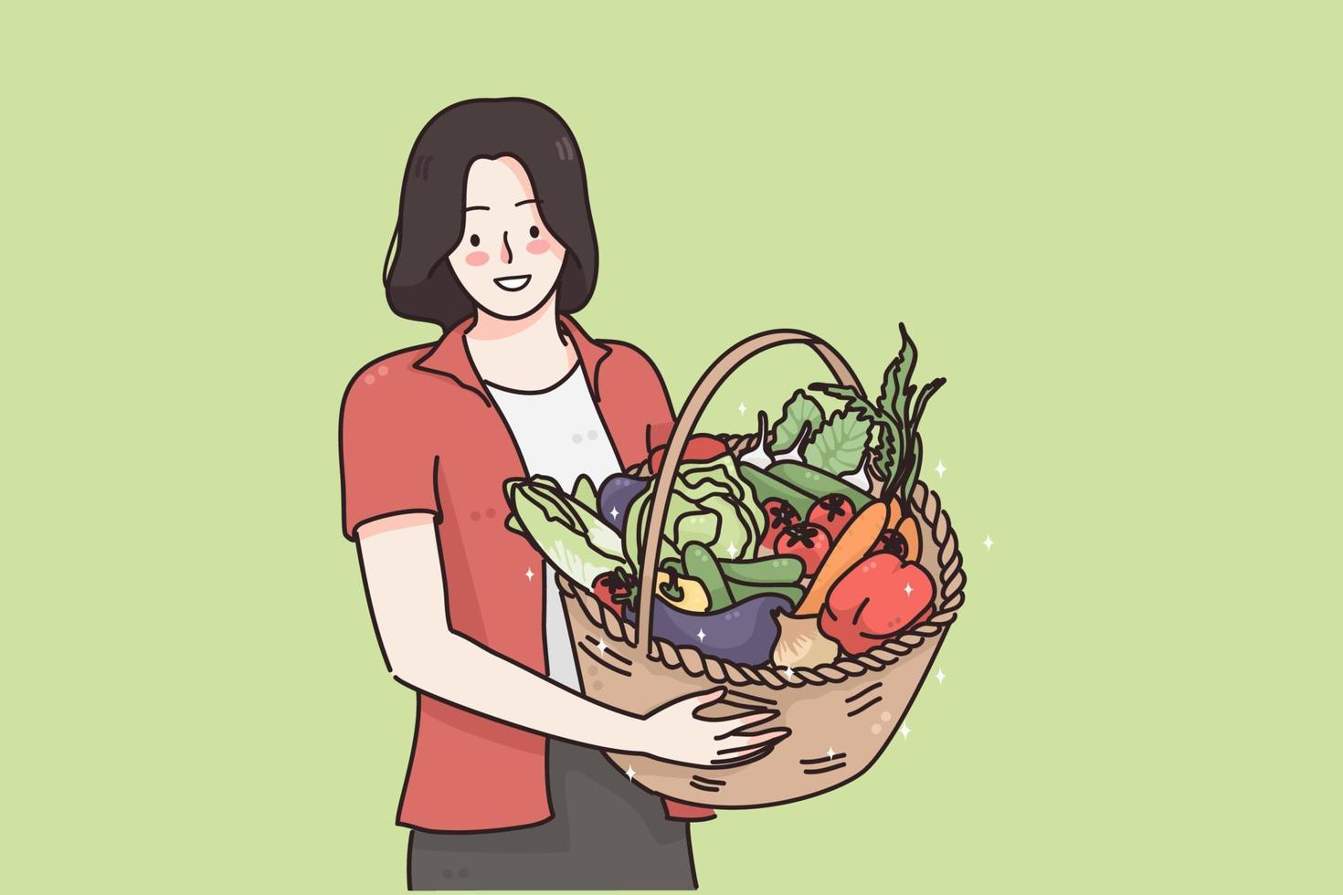 concepto de alimentación saludable y dieta vegetariana. joven feliz mujer  positiva personaje de dibujos animados de