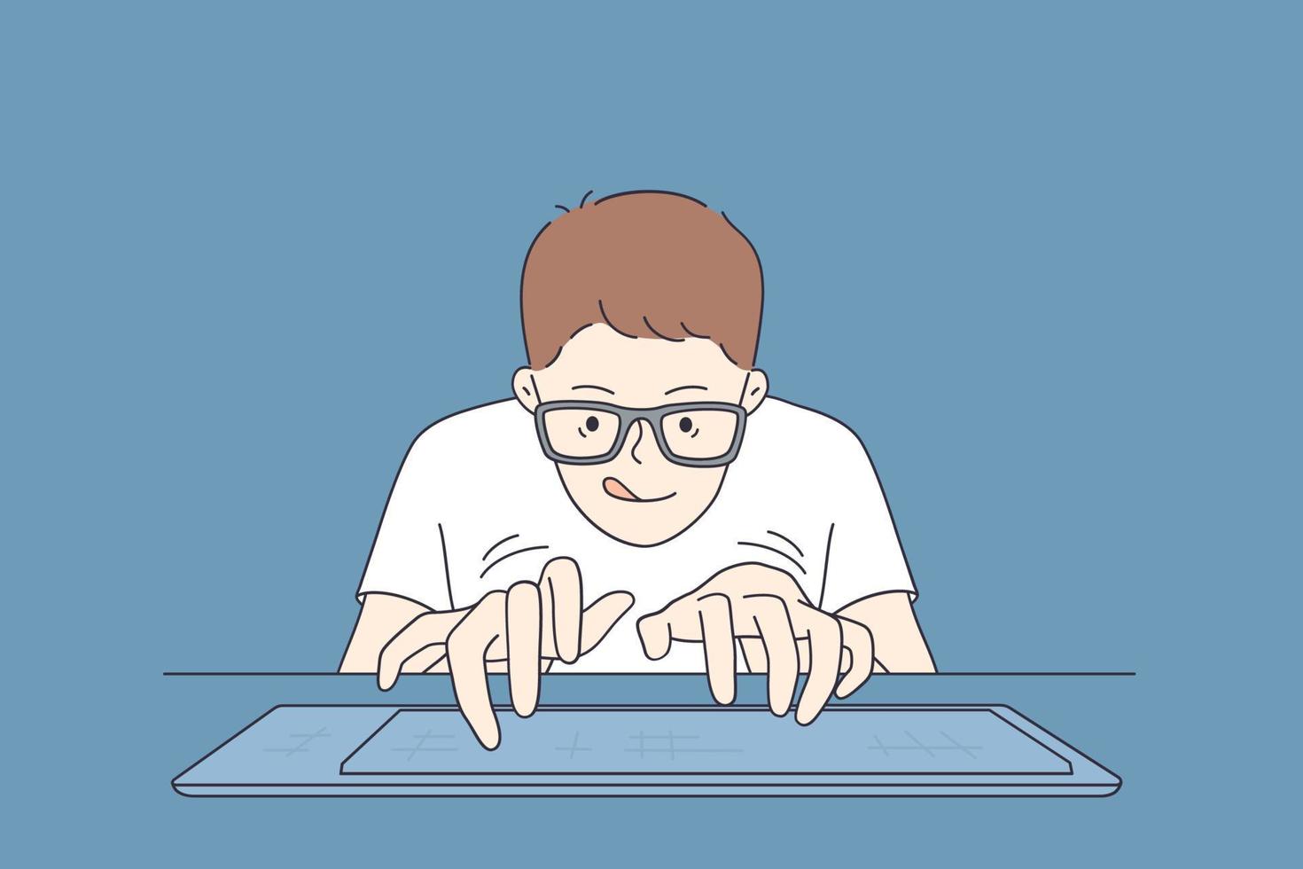 Playing video games concept. Portrait of young student playing video game crazy geek in glasses typing on keyboard vector illustration