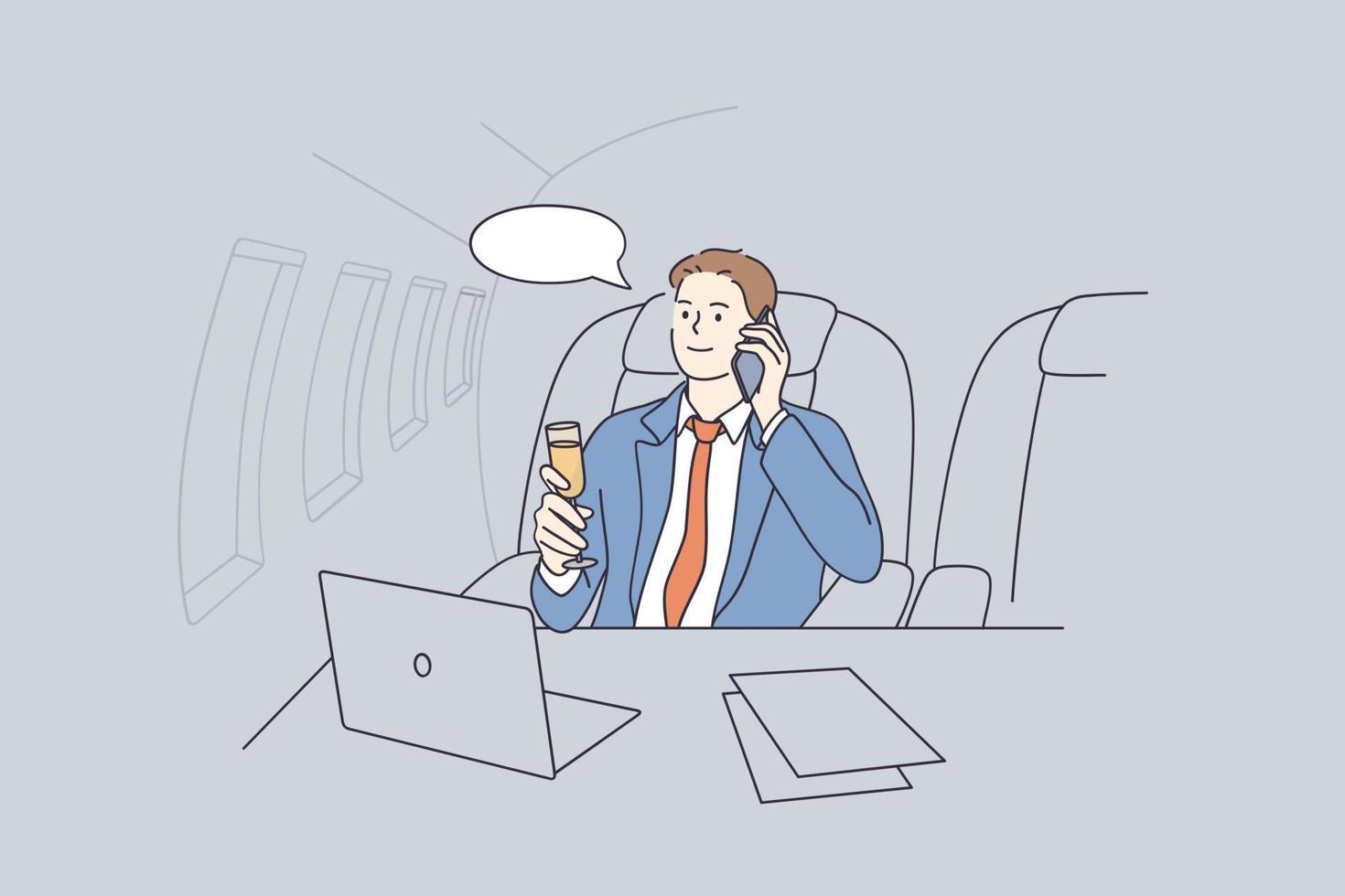 Private plane and luxury business life concept. Young smiling Businessman from sitting lying on his private jet drinking champagne talking on phone vector illustration