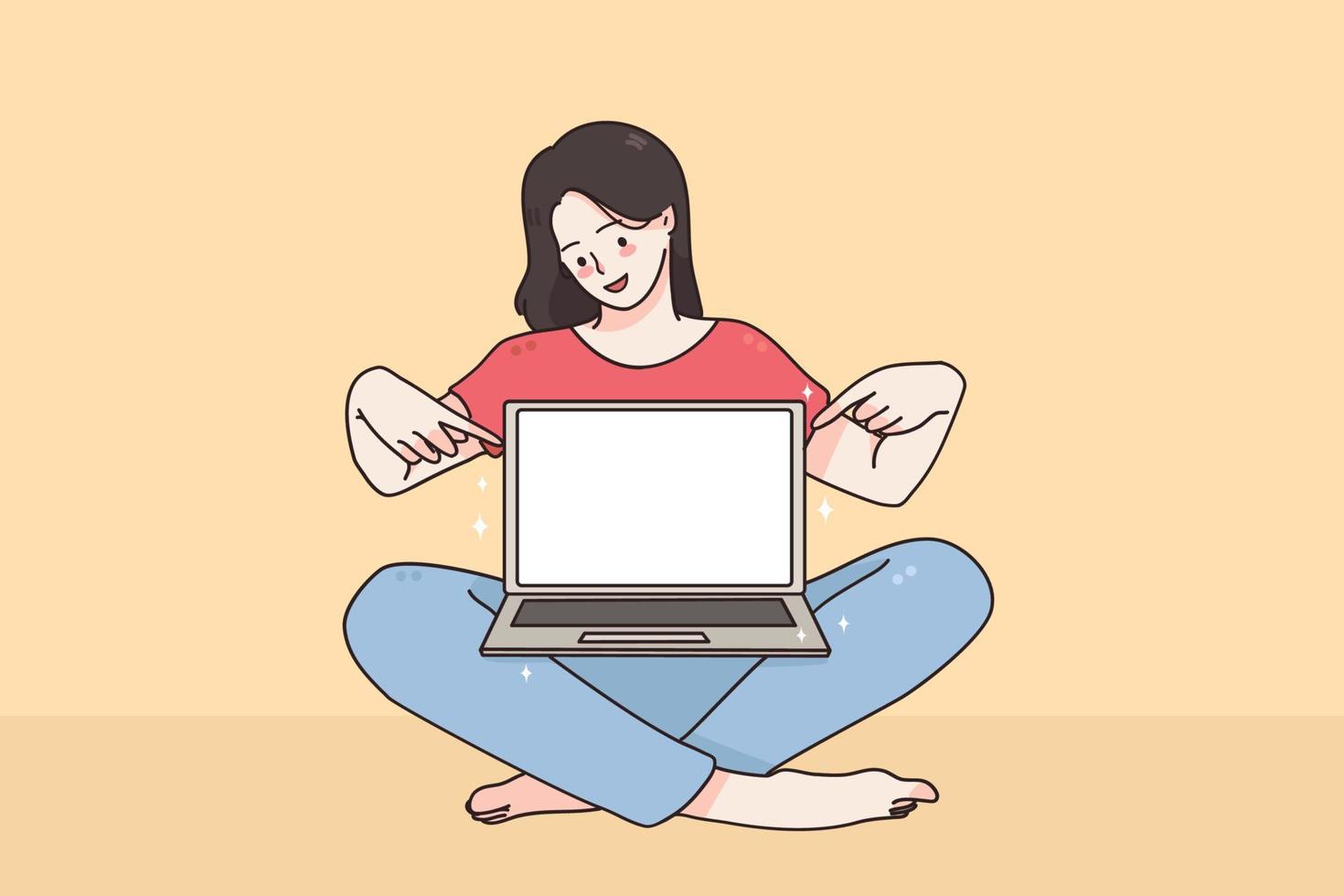 Copy space, screen, technology concept. Young smiling girl cartoon character sitting pointing with finger at laptop screen with blank white screen vector illustration