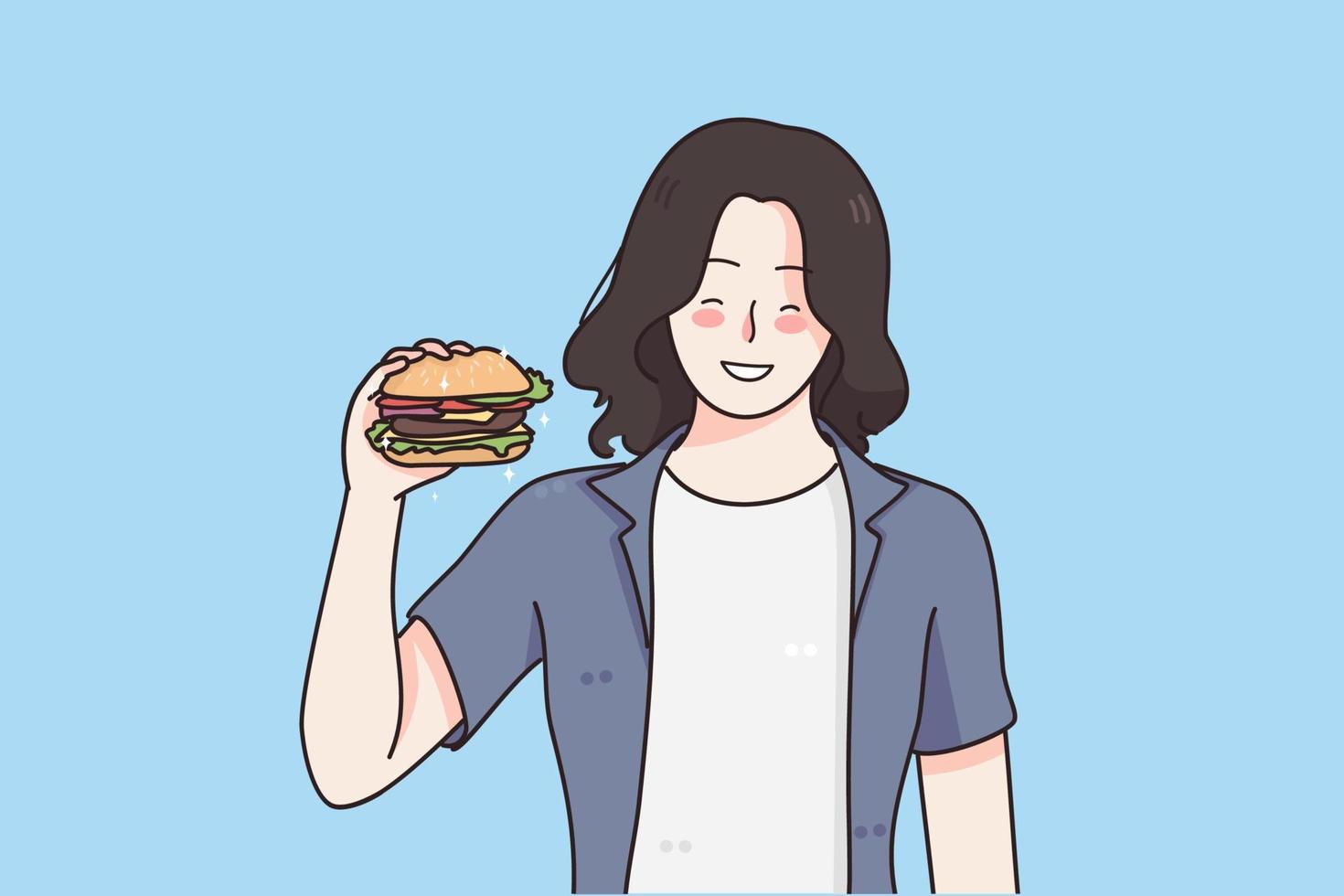 concepto de nutrición, hambre y comida chatarra. divertido personaje de dibujos animados de mujer sonriente hambrienta mirando una hamburguesa sabrosa que se esfuerza por comérselo todo ilustración vectorial vector