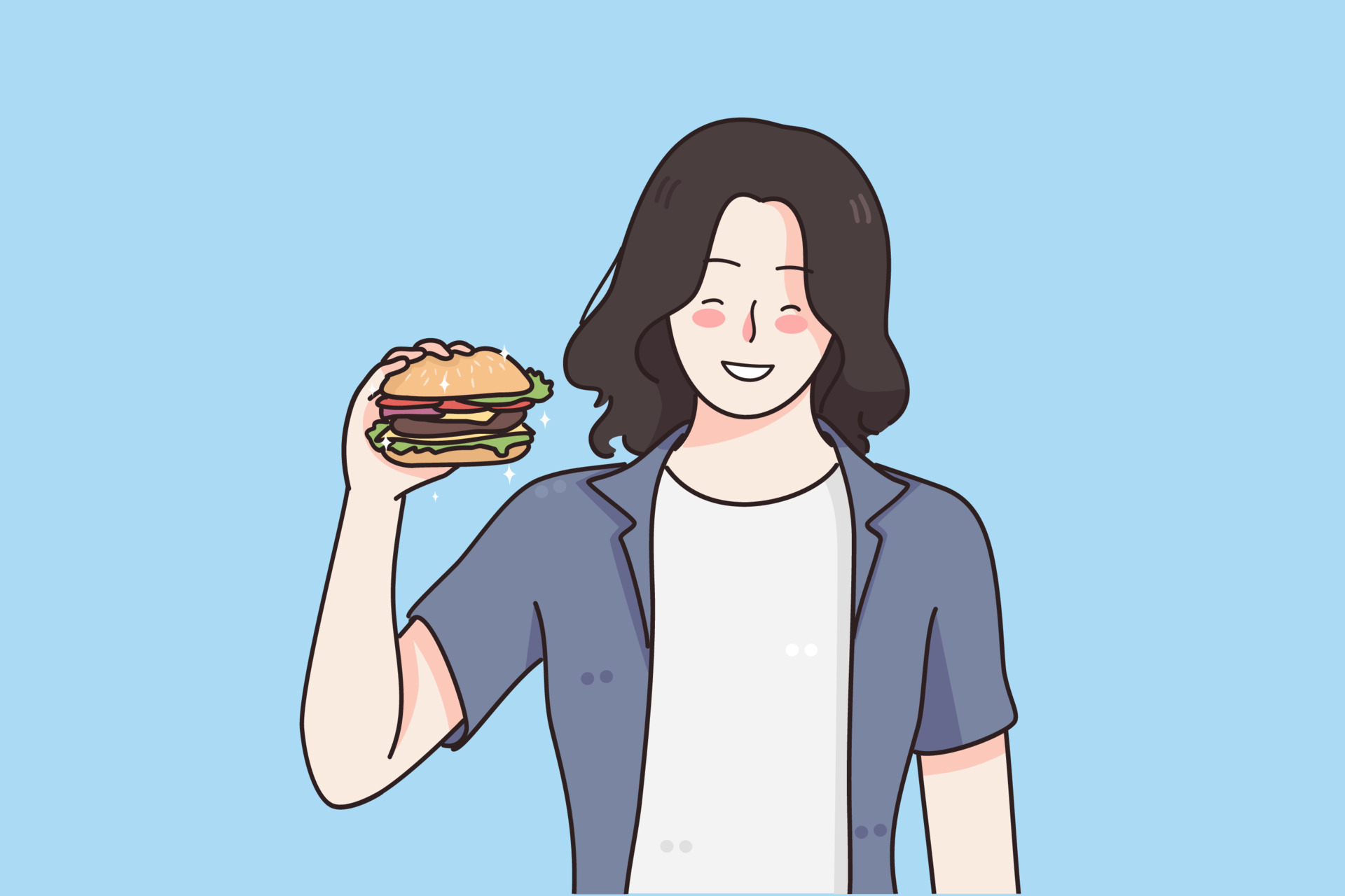 Nutrition, hunger and junk food concept. Funny hungry smiling woman cartoon  character looking at tasty burger striving to eat it all vector  illustration 14018389 Vector Art at Vecteezy