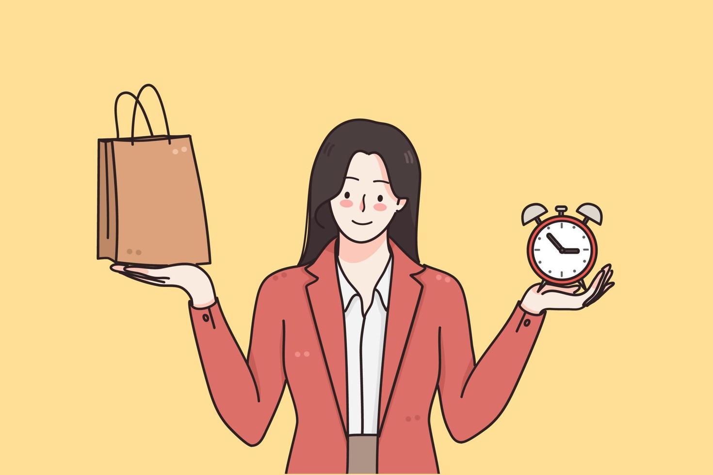 Black Friday, shopping, sales concept. Young positive woman cartoon character in red jacket standing with shopping bag and alarm clock in hands meaning to hurry hands vector illustration