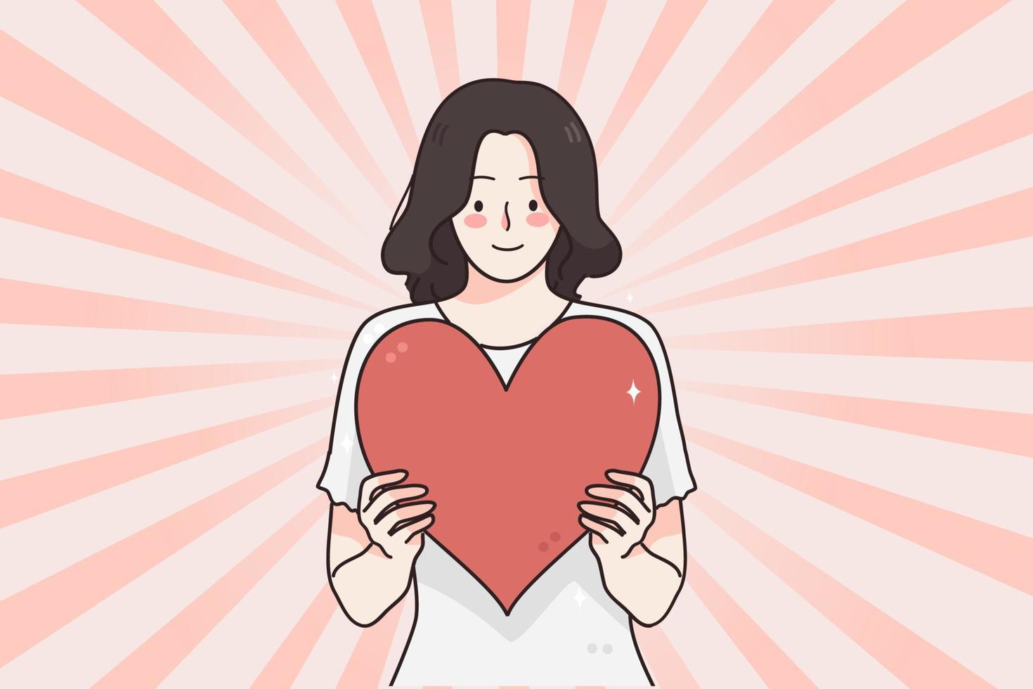 Love, Valentines day and heart concept. Young positive female cartoon character standing holding big red heart in hands vector illustration