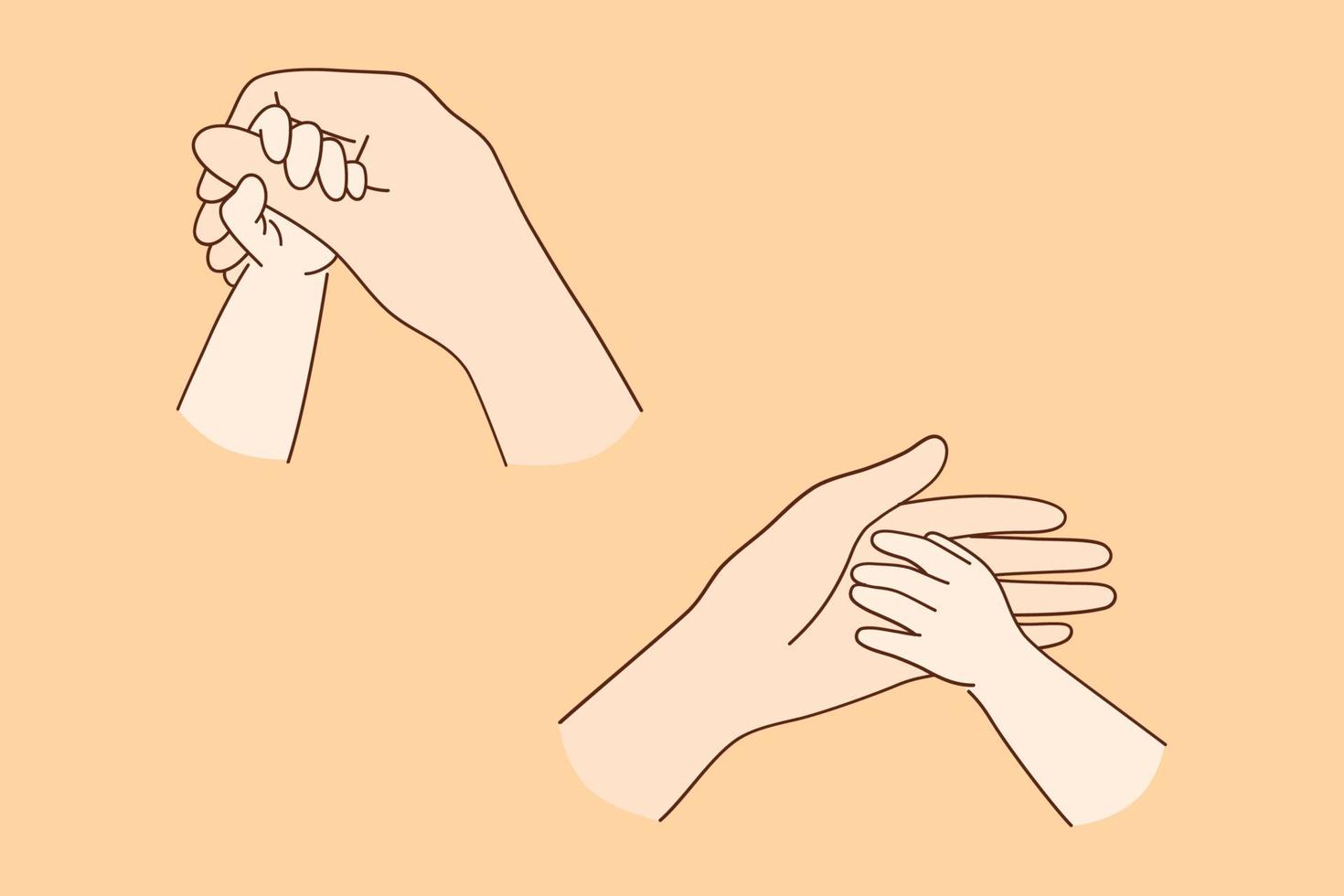 Motherhood, trust and support concept. Close-up of Hands of child and adult, parent and son or daughter. love between mother and child vector illustration