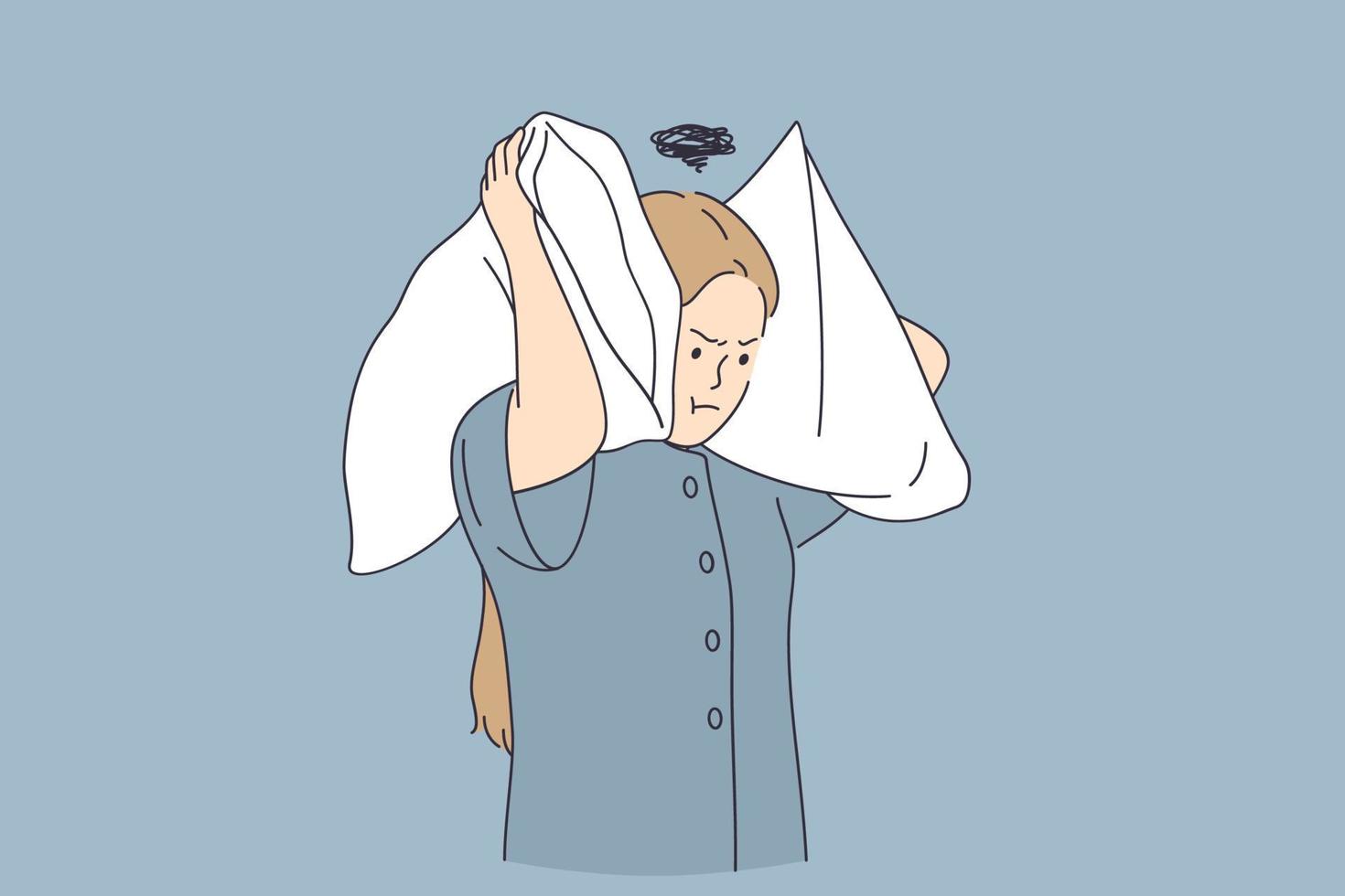 Stress and annoying concept. Annoyed young woman cartoon character standing covering ears with pillows feeling irritated of loud noise vector illustration