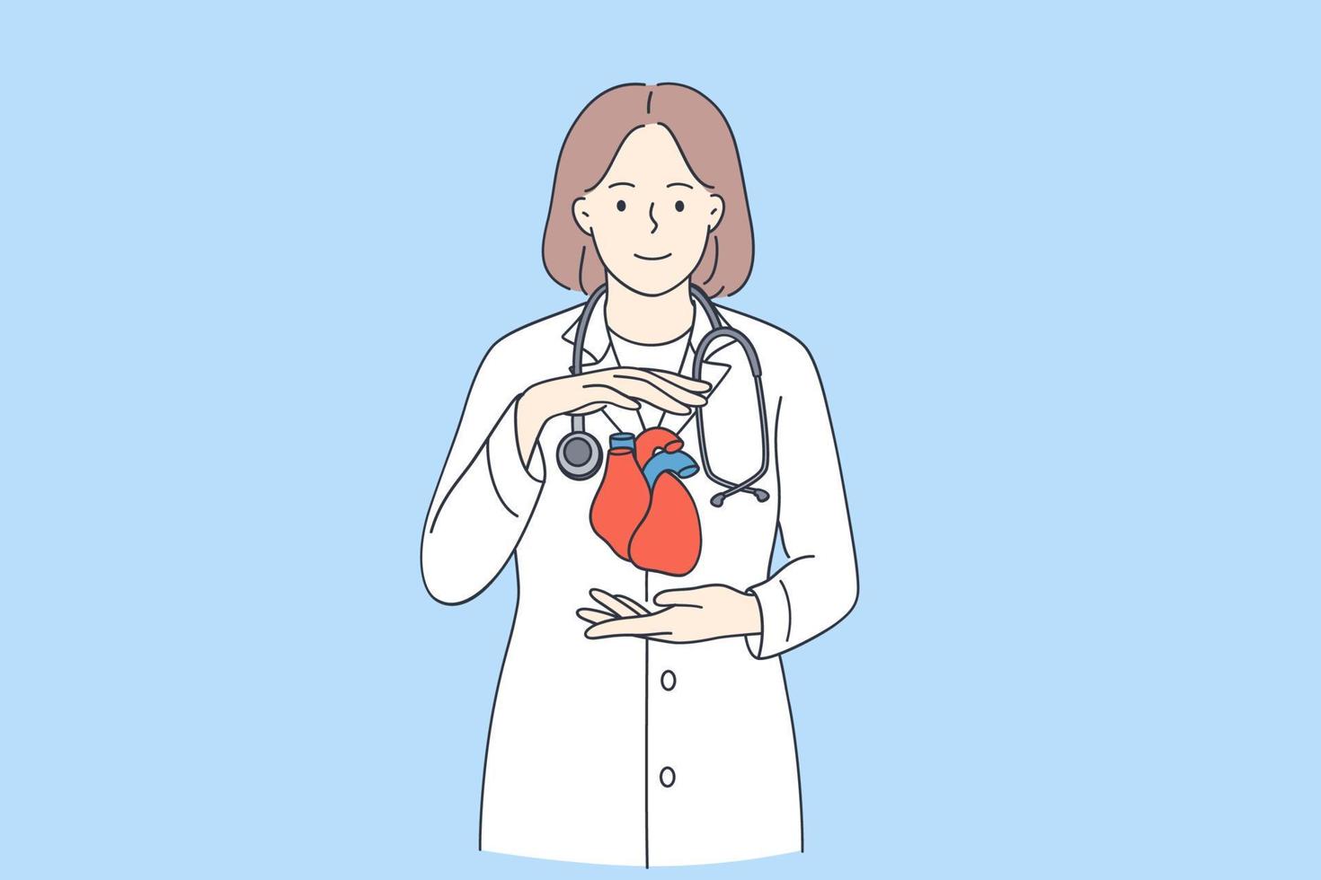 médico cardiólogo y concepto de corazón sano. sonriente positiva joven doctora en medicina de pie y sosteniendo un corazón humano sano en las manos ilustración vectorial vector