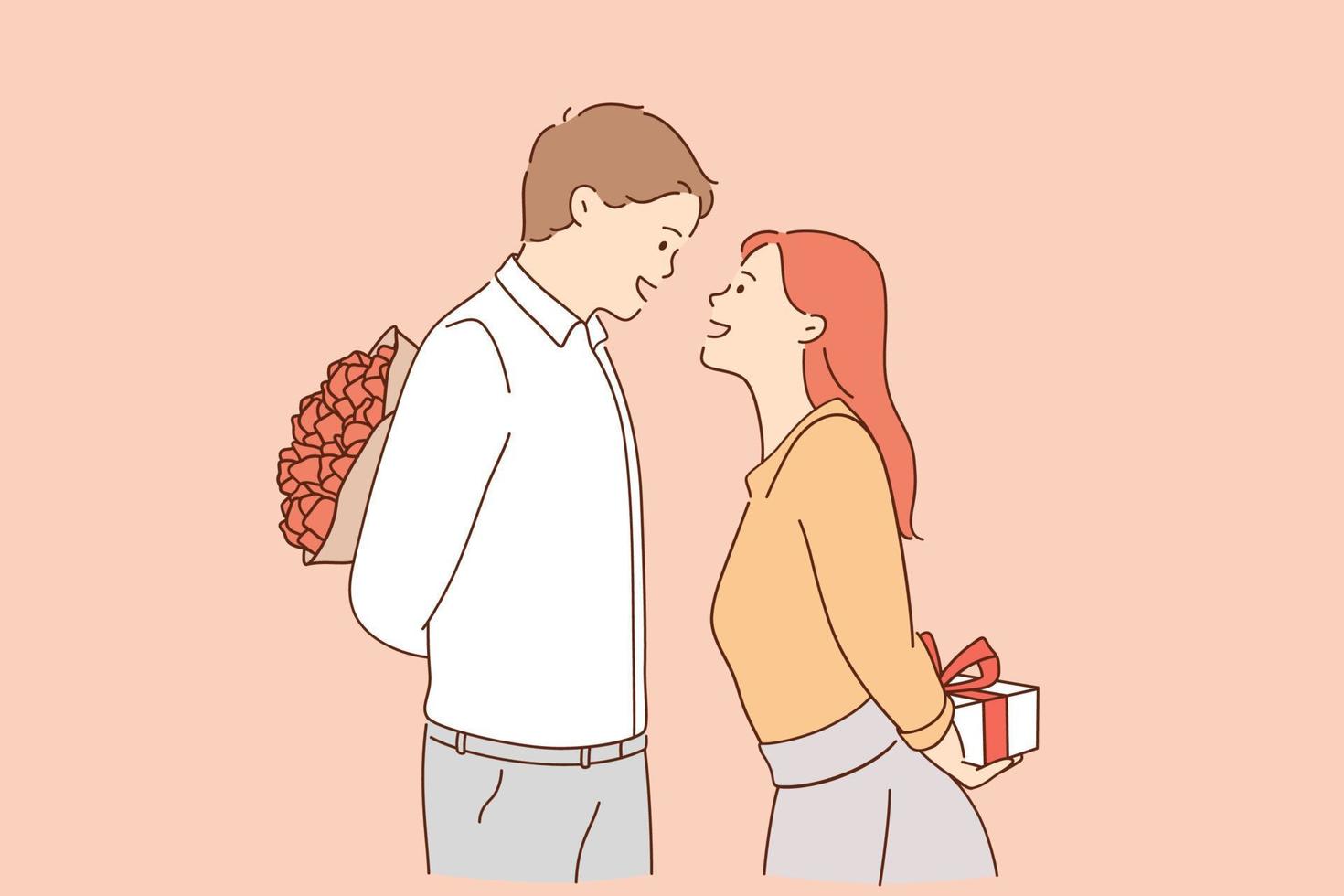 amor, día de san valentín y concepto de citas románticas. personajes de dibujos animados de hombres y mujeres jóvenes y amorosos de pie y preparando regalos el uno para el otro para las vacaciones durante la ilustración del vector de fecha