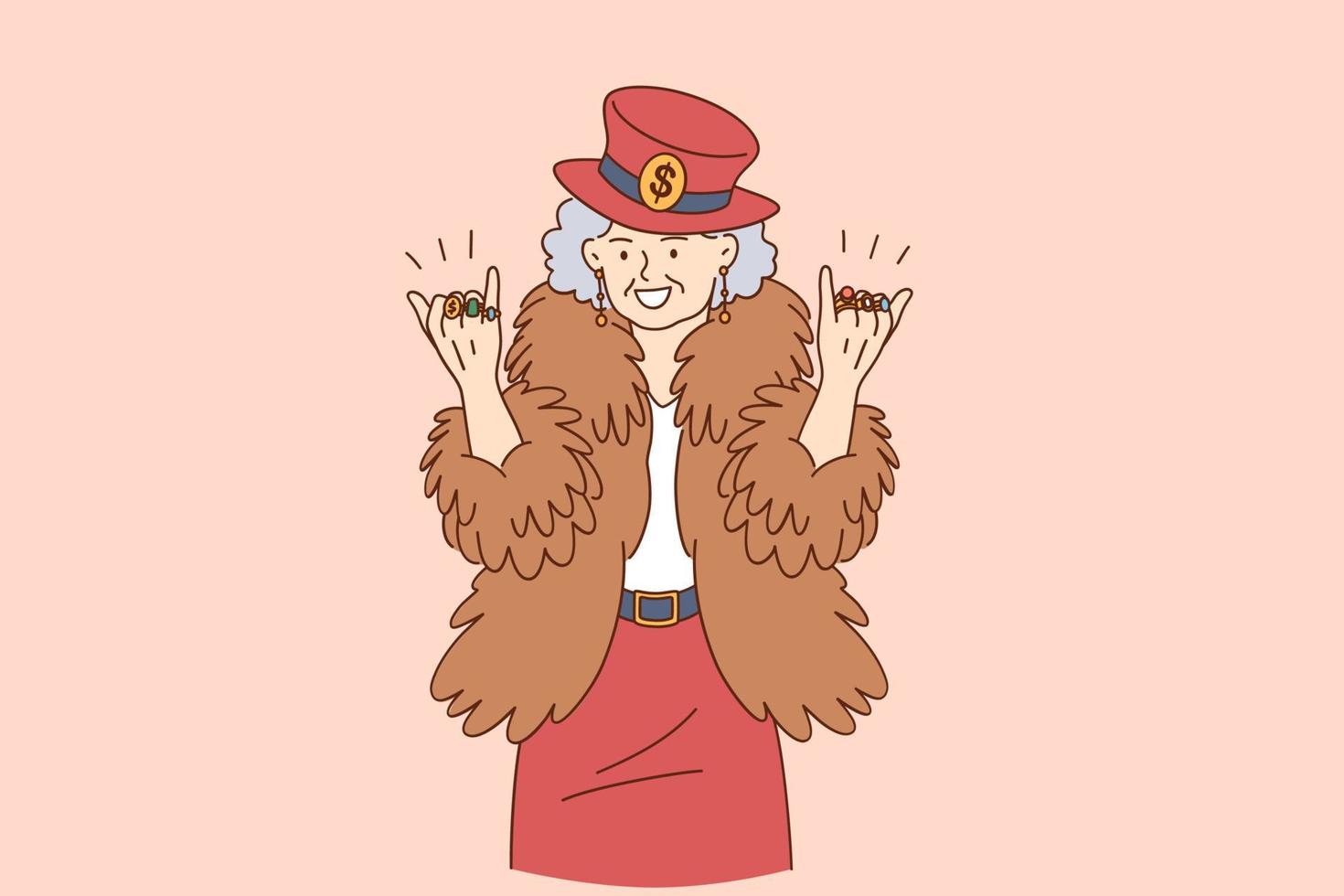 Stylish funny elderly people concept. Happy Grandmother in hipster coat hat with rings on fingers cartoon character standing feeling cool and positive lifestyle vector illustration