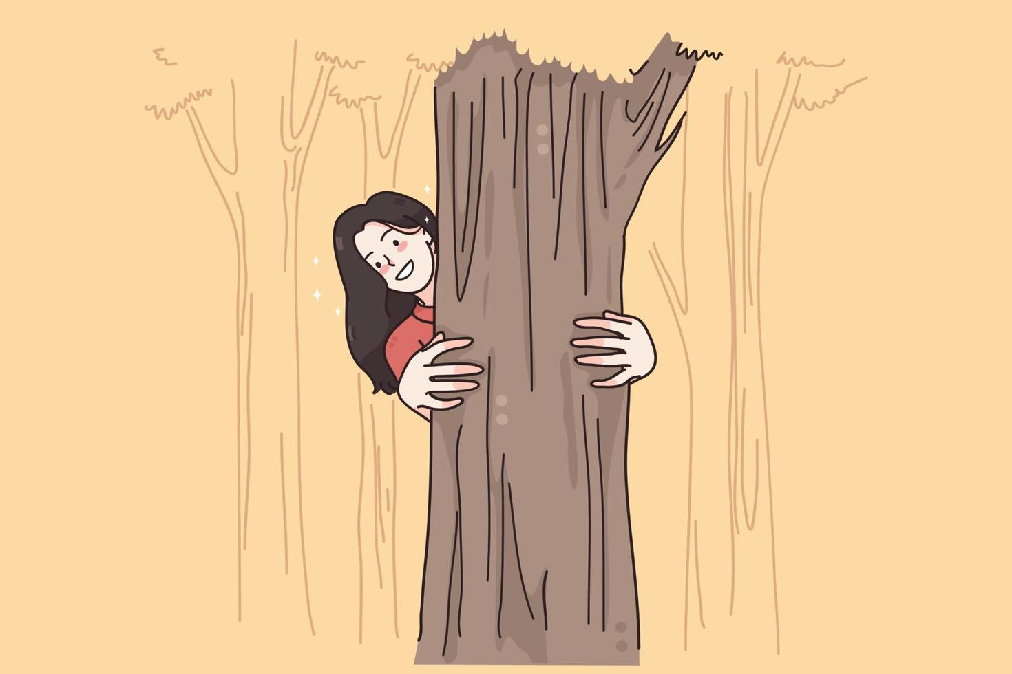 actividades de verano y concepto de ocio. joven personaje de dibujos animados femenino sonriente abrazando y mirando desde un árbol en el parque o bosque sintiéndose activo y juguetón ilustración vectorial vector
