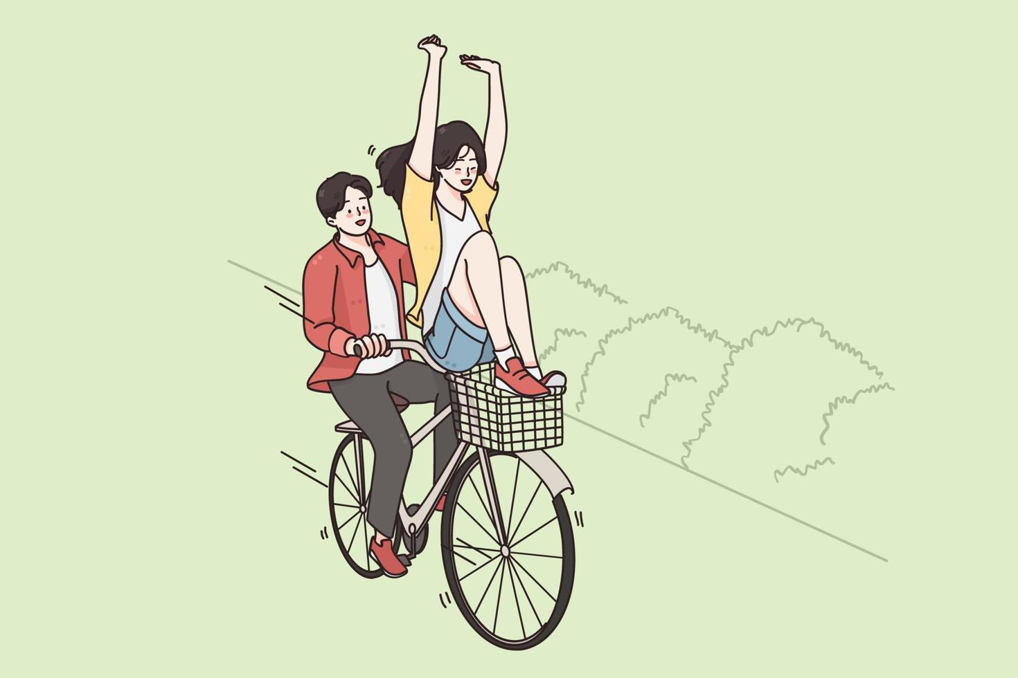 Riding bicycle and street summer activities concept. Smiling happy couple riding fixed gear bicycle and feeling happy having fun together outdoors vector illustration