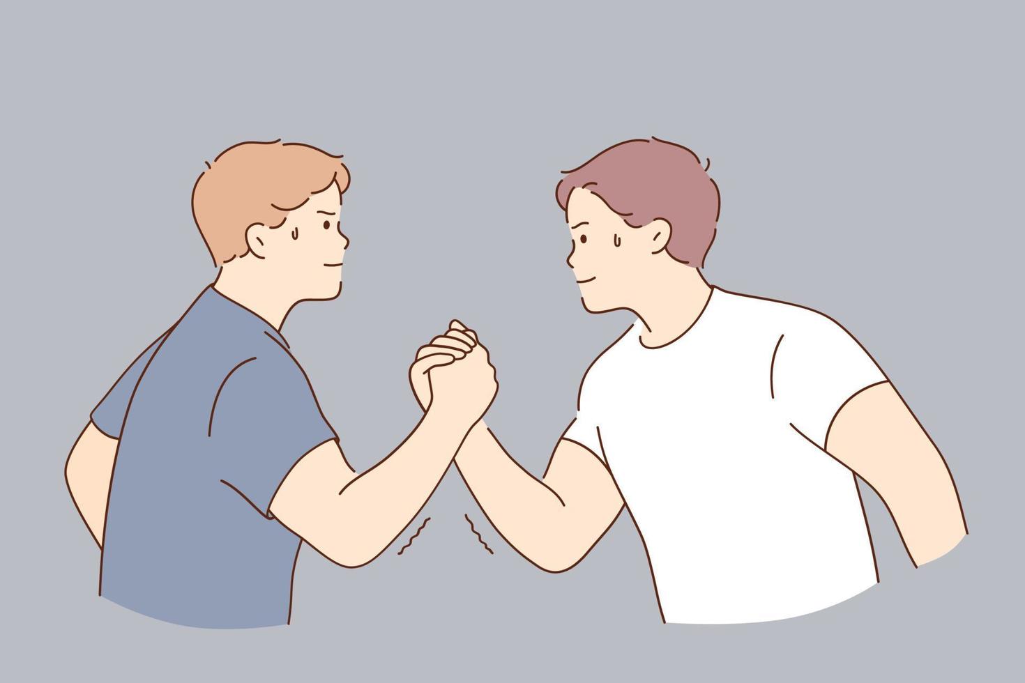 Arms wrestling, competition of strength concept. Young serious men cartoon character holding hands competing in strength trying to win vector illustration