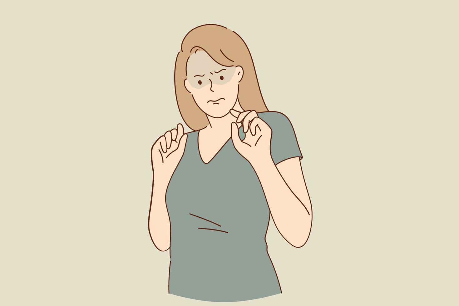 Nervous state of mind and frustration concept. Annoyed young woman cartoon character standing feeling irritated and showing fingers vector illustration