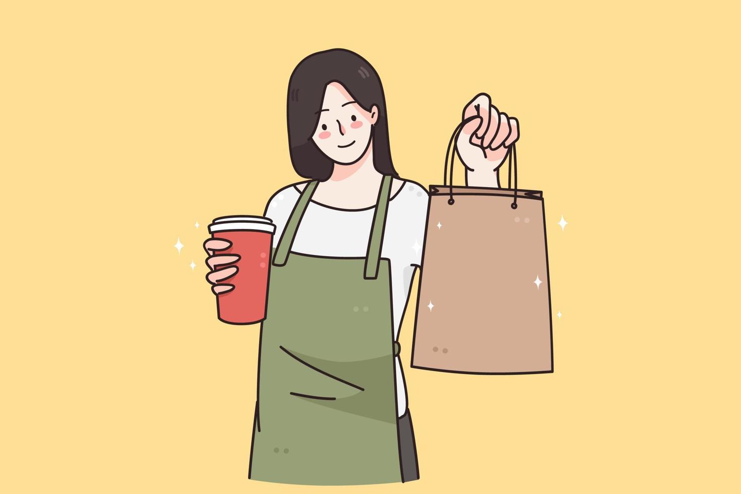 barista durante el trabajo en concepto de cafetería. joven sonriente mujer barista personaje de dibujos animados trabajando en la cafetería sosteniendo una bolsa de taza de café para la ilustración de vector de cliente