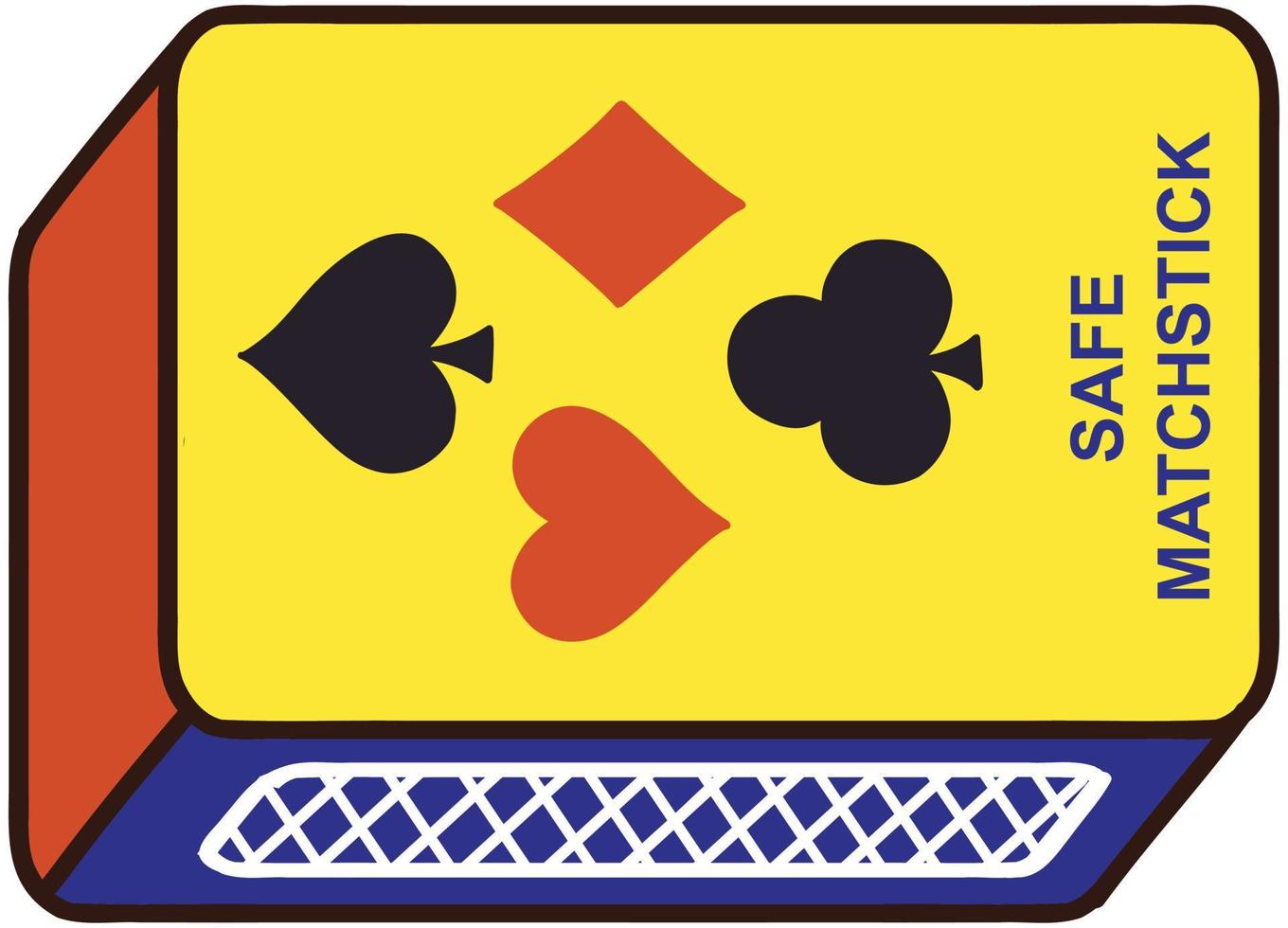 Matchbox Illustration with Playing Card Deck Print. Hearts Spades clubs diamonds. Safety Matches. vector