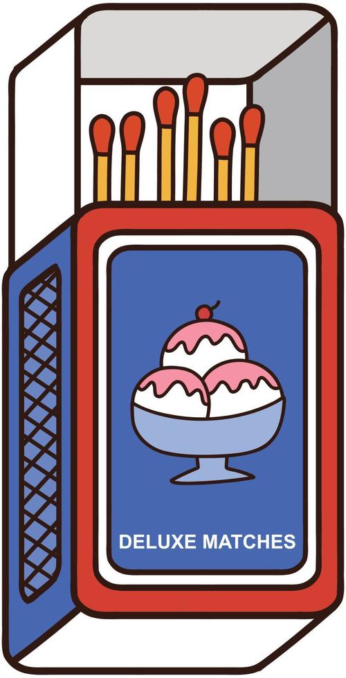 Matchbox graphic with match sticks in Isometric Illustration style. Ice Cream Print in Safety Matches Packaging. vector