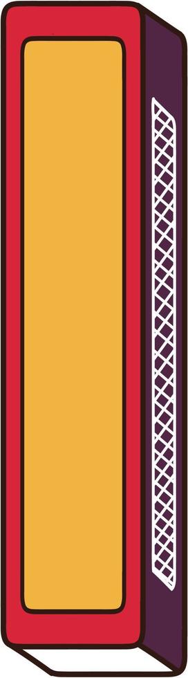 Matchbox graphic with match sticks in Isometric Illustration style. Yellow and Purple match box with blank label for customisation. vector
