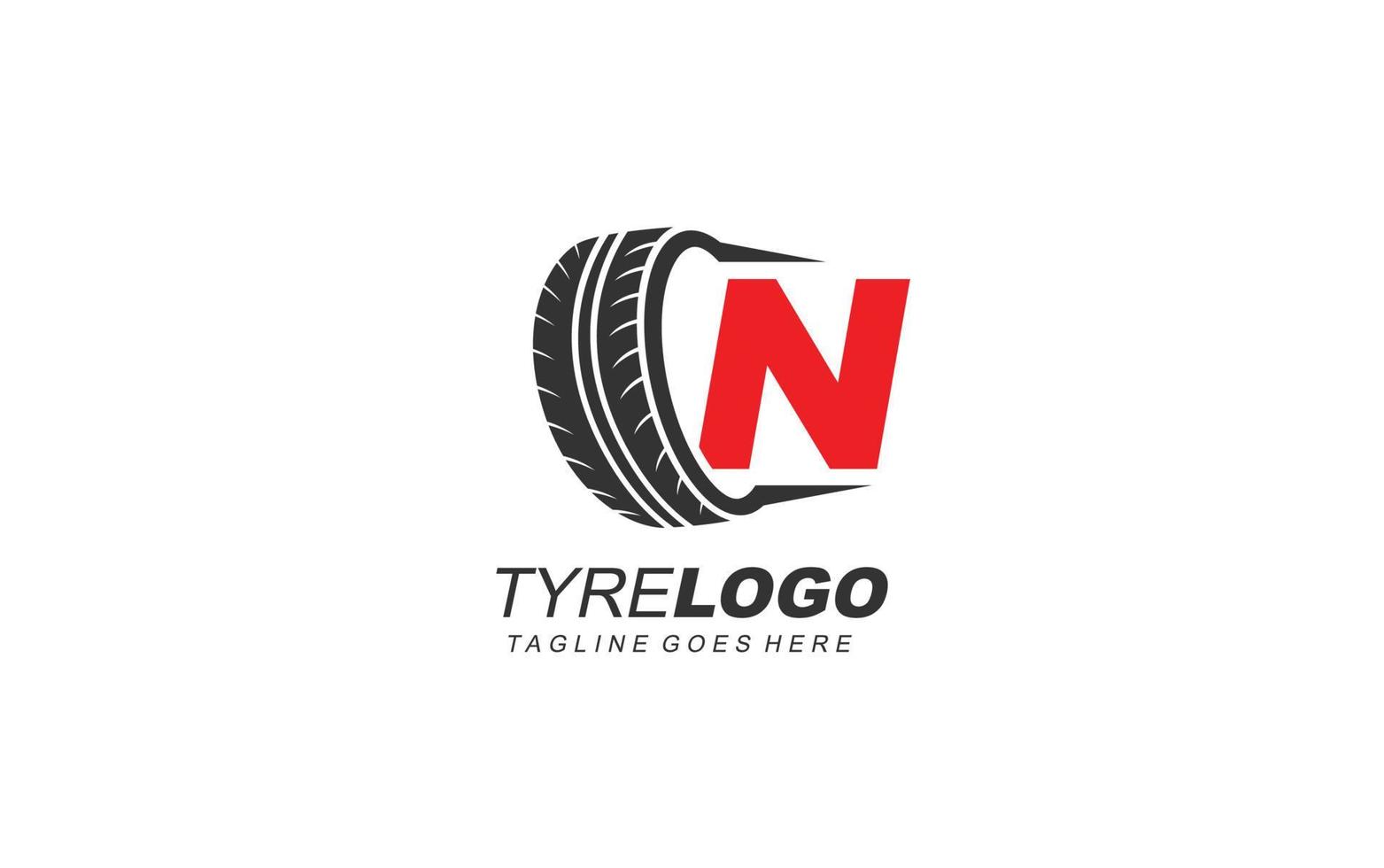 Neumático con logotipo n para empresa de marca. ilustración de vector de plantilla de rueda para su marca.