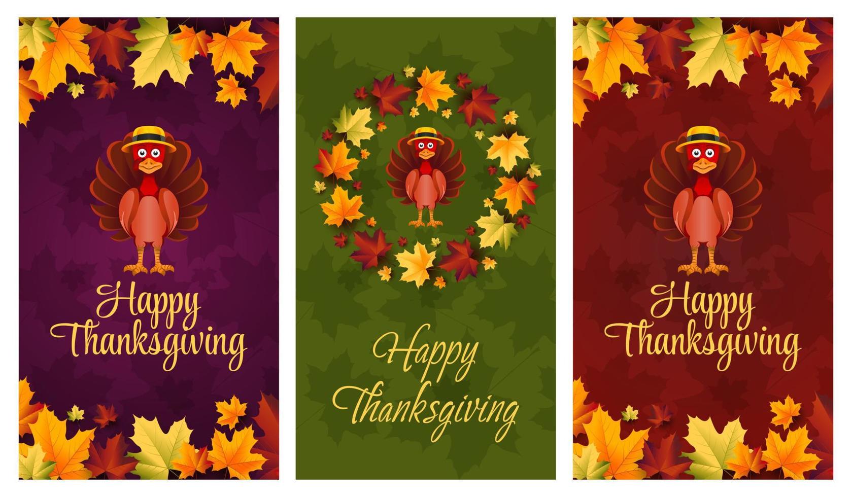 Happy Thanksgiving 2022 greeting background for feed, card, story with maple leave and turkey in hat vector