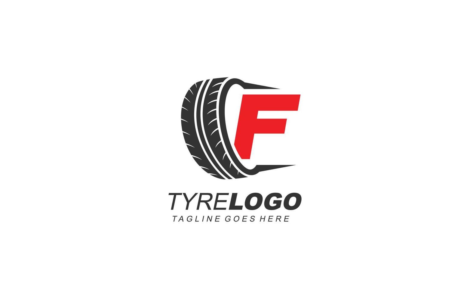 neumático con el logotipo f para la marca de la empresa. ilustración de vector de plantilla de rueda para su marca.