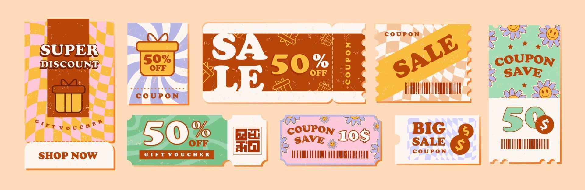 Discount coupons, tickets, gift vouchers in a retro groovy style. Vector template