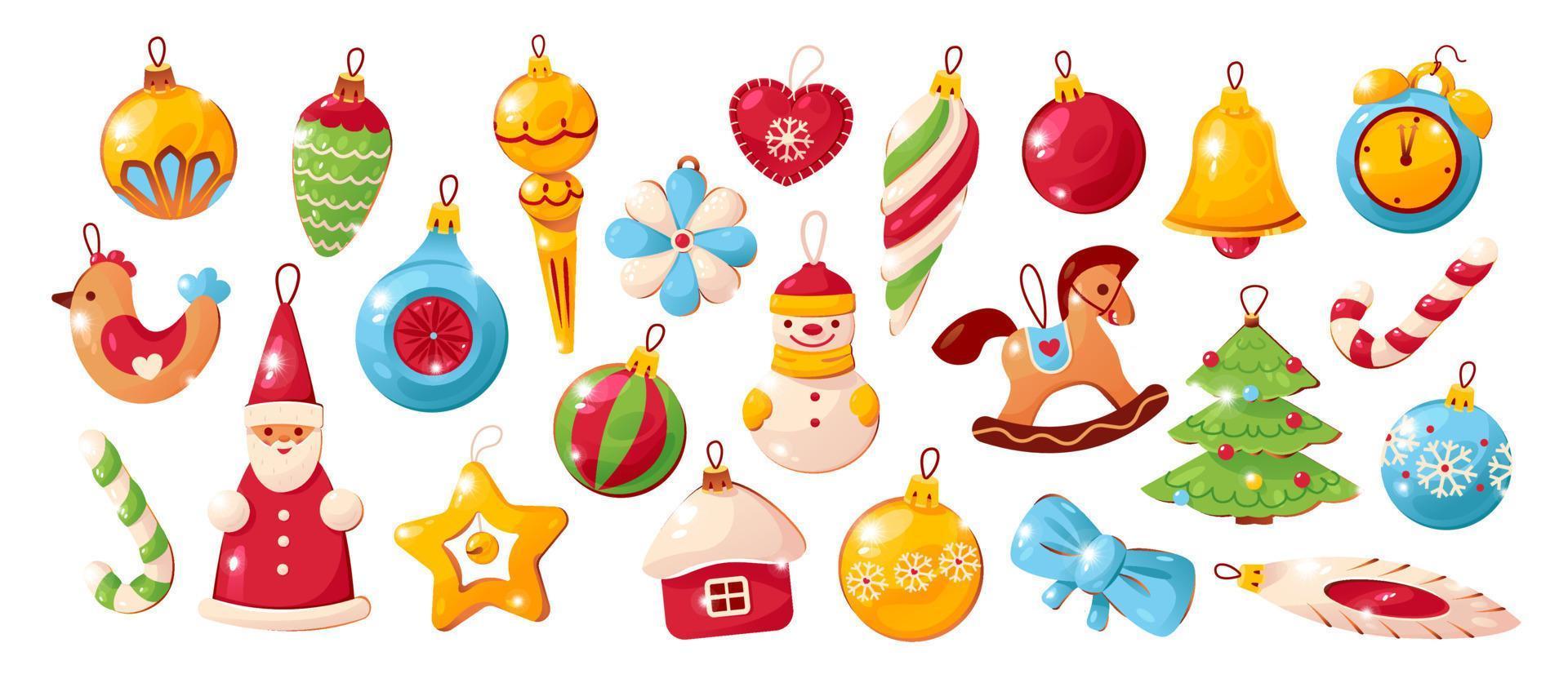 adornos para árboles de navidad. juguetes decorativos suspendidos en cordones. accesorios navideños tradicionales. ilustración vectorial de dibujos animados vector
