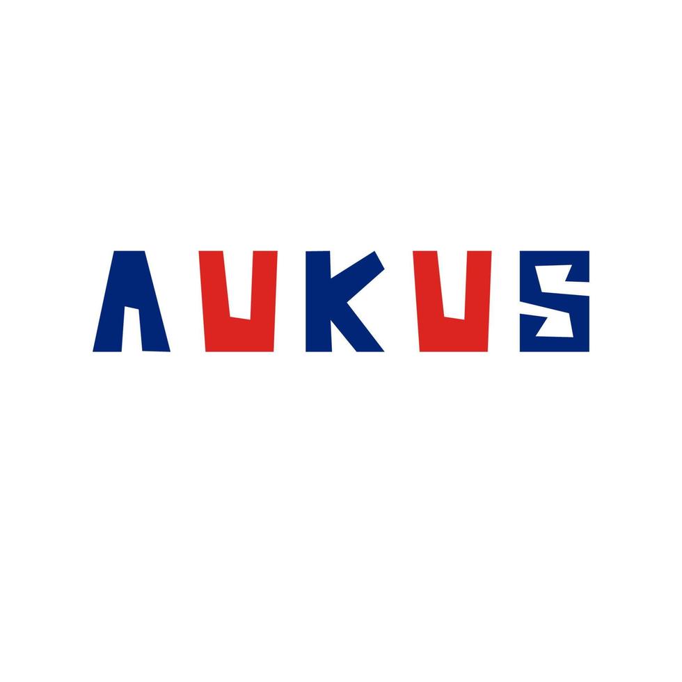 Inscription AUKUS is the UK, US and Australia. Three-nation agreement. Triple alliance concept. Vector red and blue icon on white background.