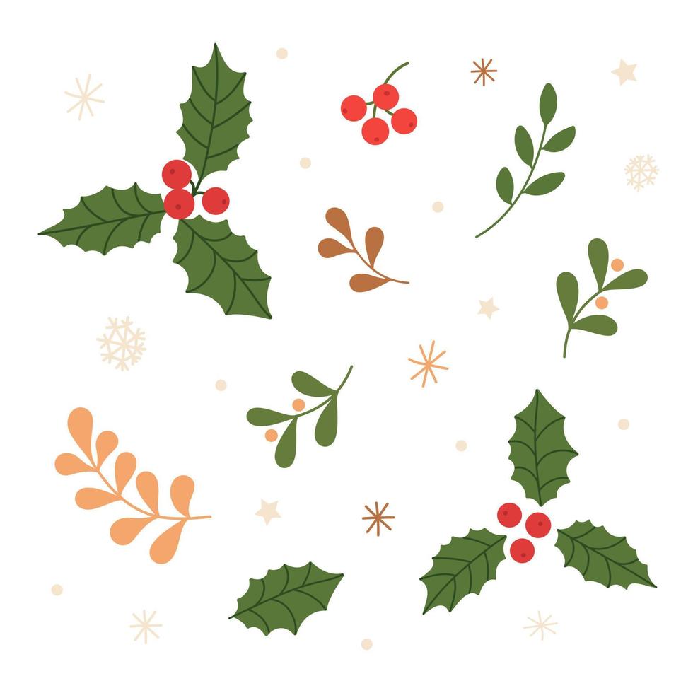 conjunto de dibujos animados florales de navidad de elementos de diseño. plantas de invierno, acebo, muérdago. ilustración de dibujos animados vectoriales en estilo plano. vector