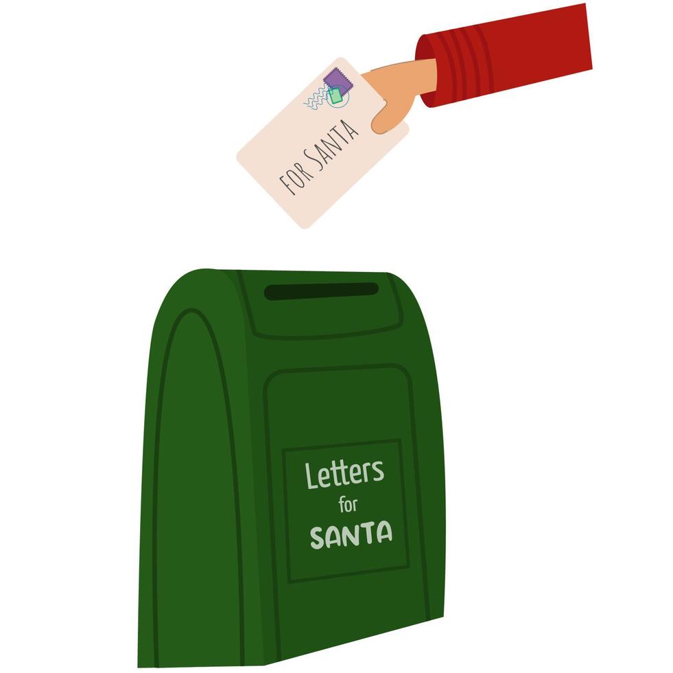 Mailbox with letters from children for Santa Claus. Classic decorative Christmas post box  with envelopes and hand. vector