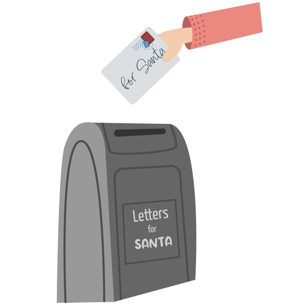 Mailbox with letters from children for Santa Claus. Classic decorative Christmas post box  with envelopes and hand. vector