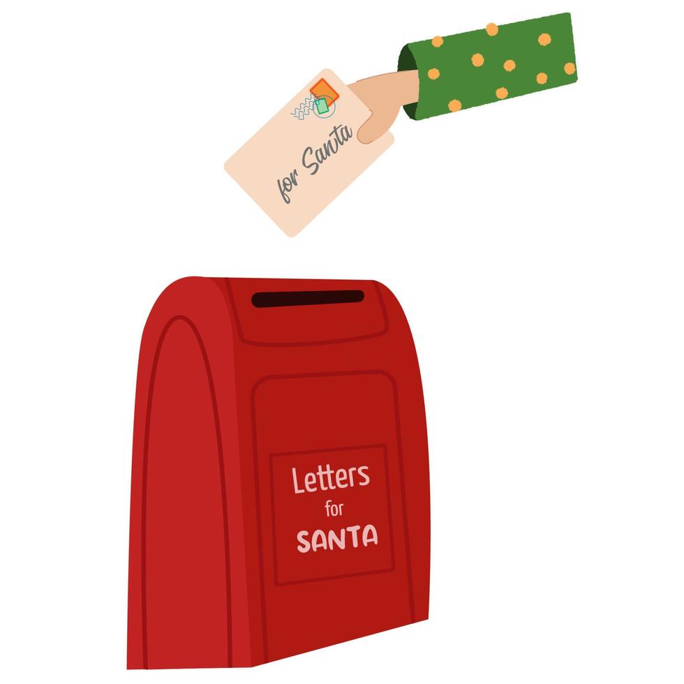 buzón con cartas de niños para santa claus. clásico buzón de navidad decorativo con sobres y mano. vector