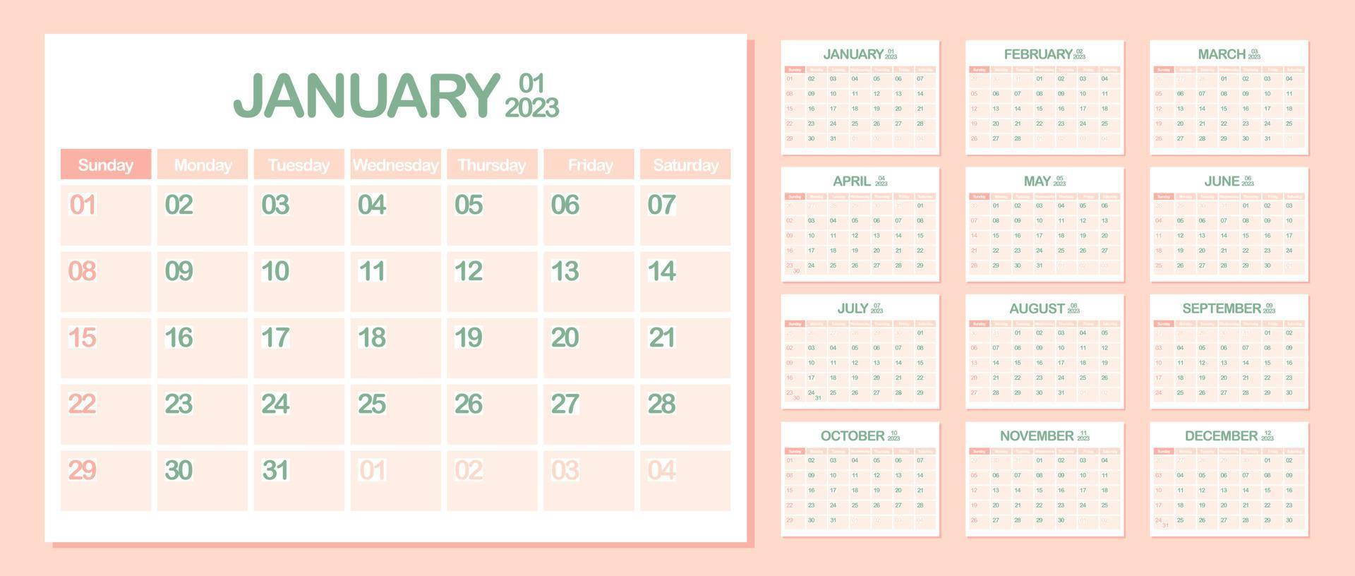 Wall Calendar 2023. January. Week Starts on Sunday. Monthly calendar template. Design Corporate planner. Landscape orientation. Office business planning. Pastel color. Vector illustration