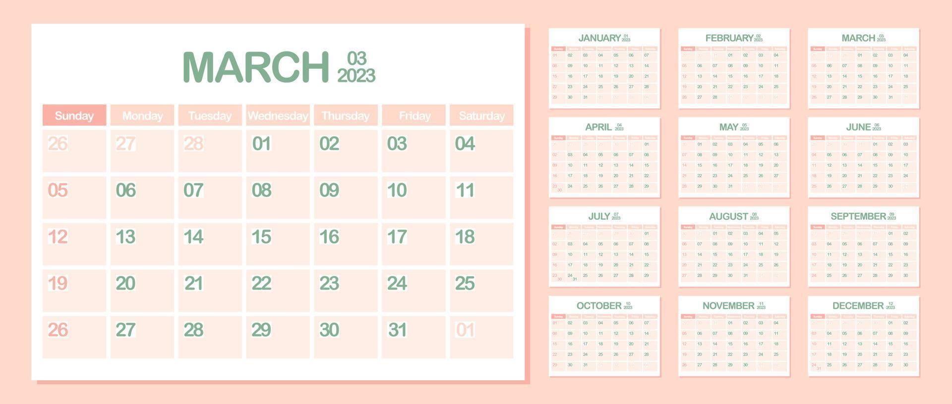 calendario de pared 2023. marzo. semana comienza el domingo. plantilla de calendario mensual. planificador corporativo de diseño. orientación horizontal. planificación de negocios de oficina. color pastel. ilustración vectorial vector