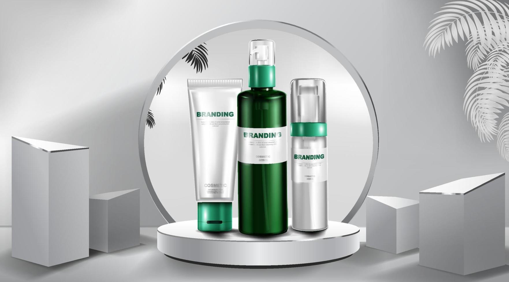 Cosmetic tube and realistic bottle at stage pedestal. Branding and packaging design template. vector illustration.