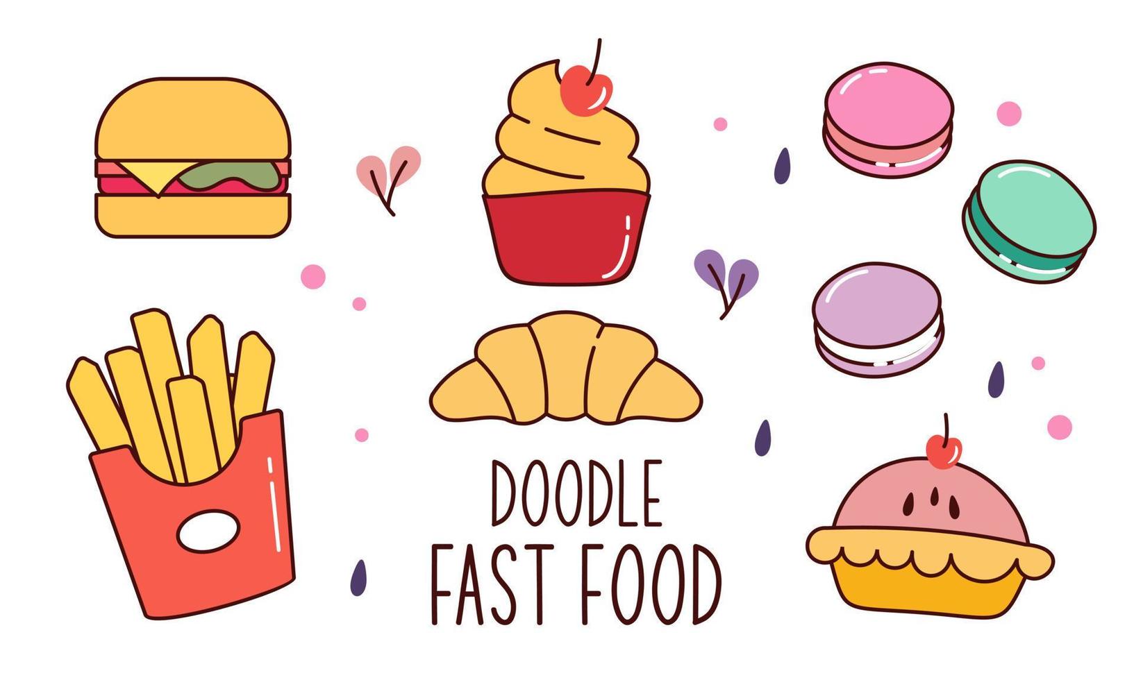 Fast food doodle hand drawn line art style object elements vector