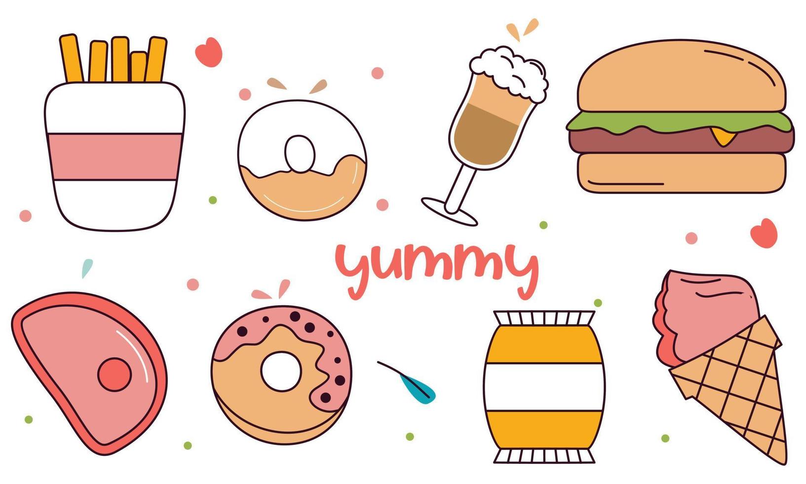 Fast food doodle hand drawn line art style object elements vector