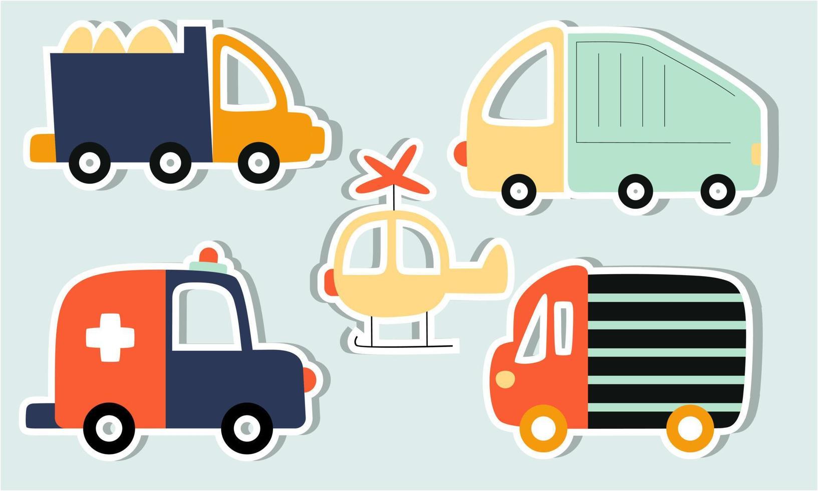 Set of funny transport stickers for kids hand drawn graphic. Vector illustration.