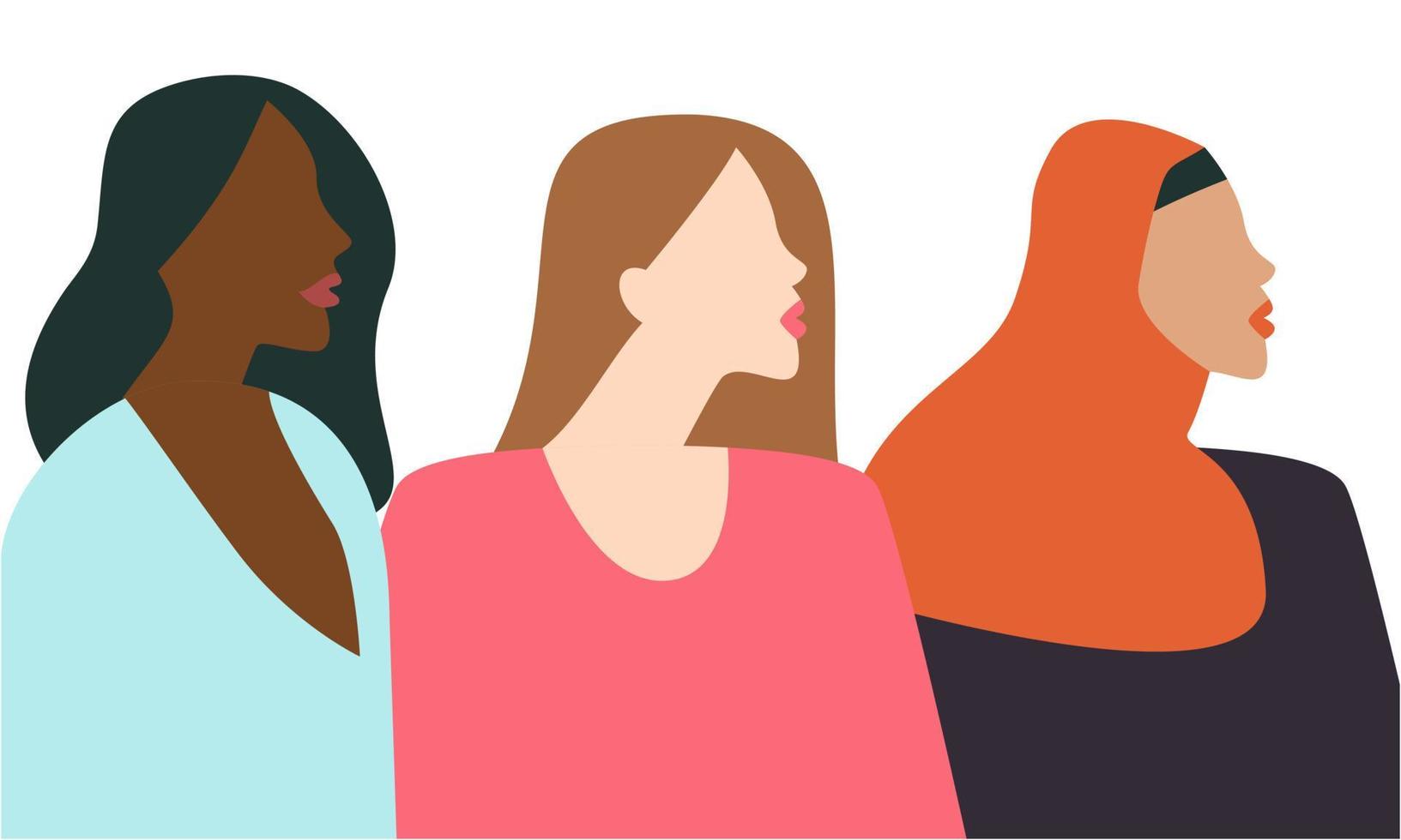 Female diverse faces of different ethnicity poster. Women empowerment movement. International women vector