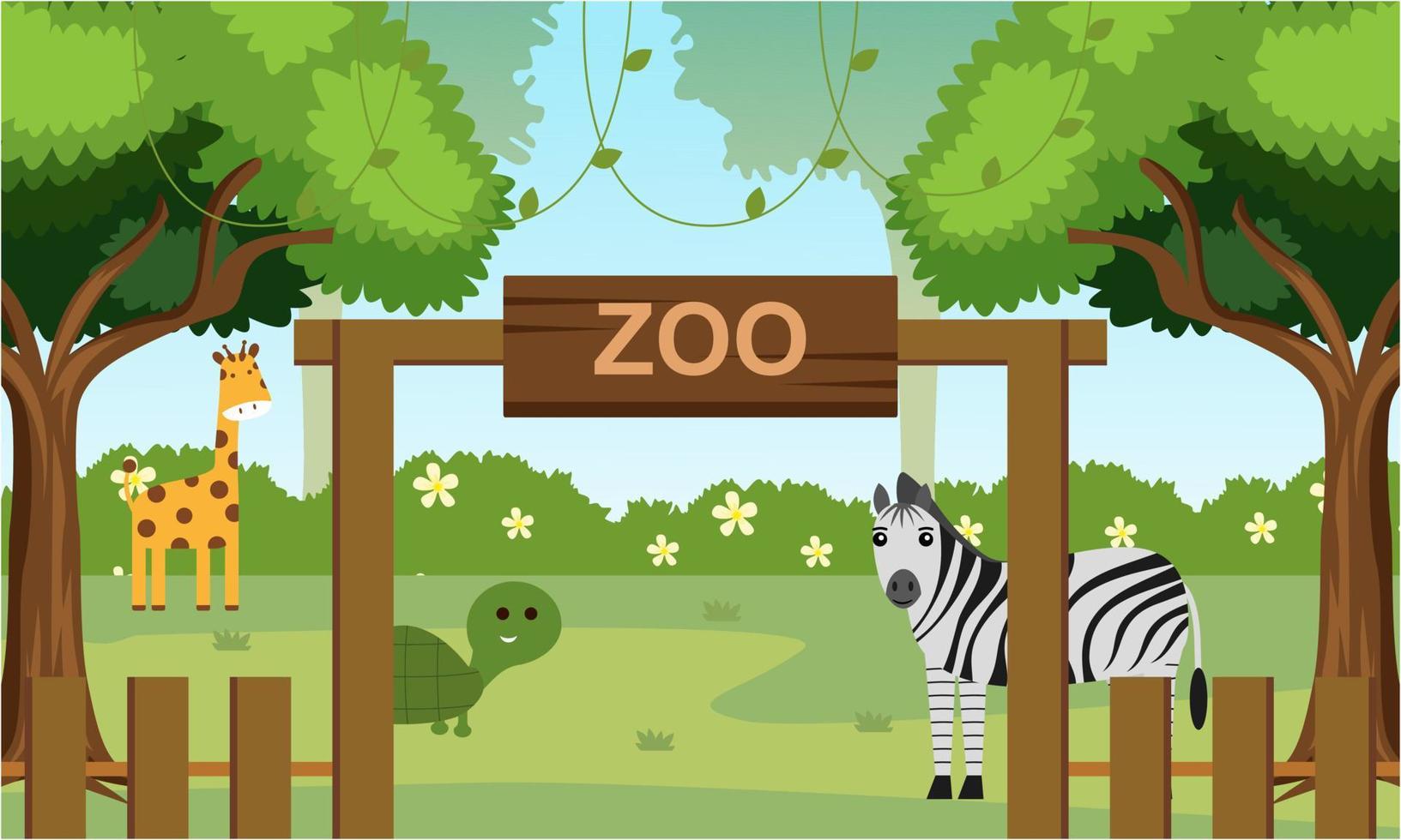 Zoo cartoon illustration with safari animals on forest background vector