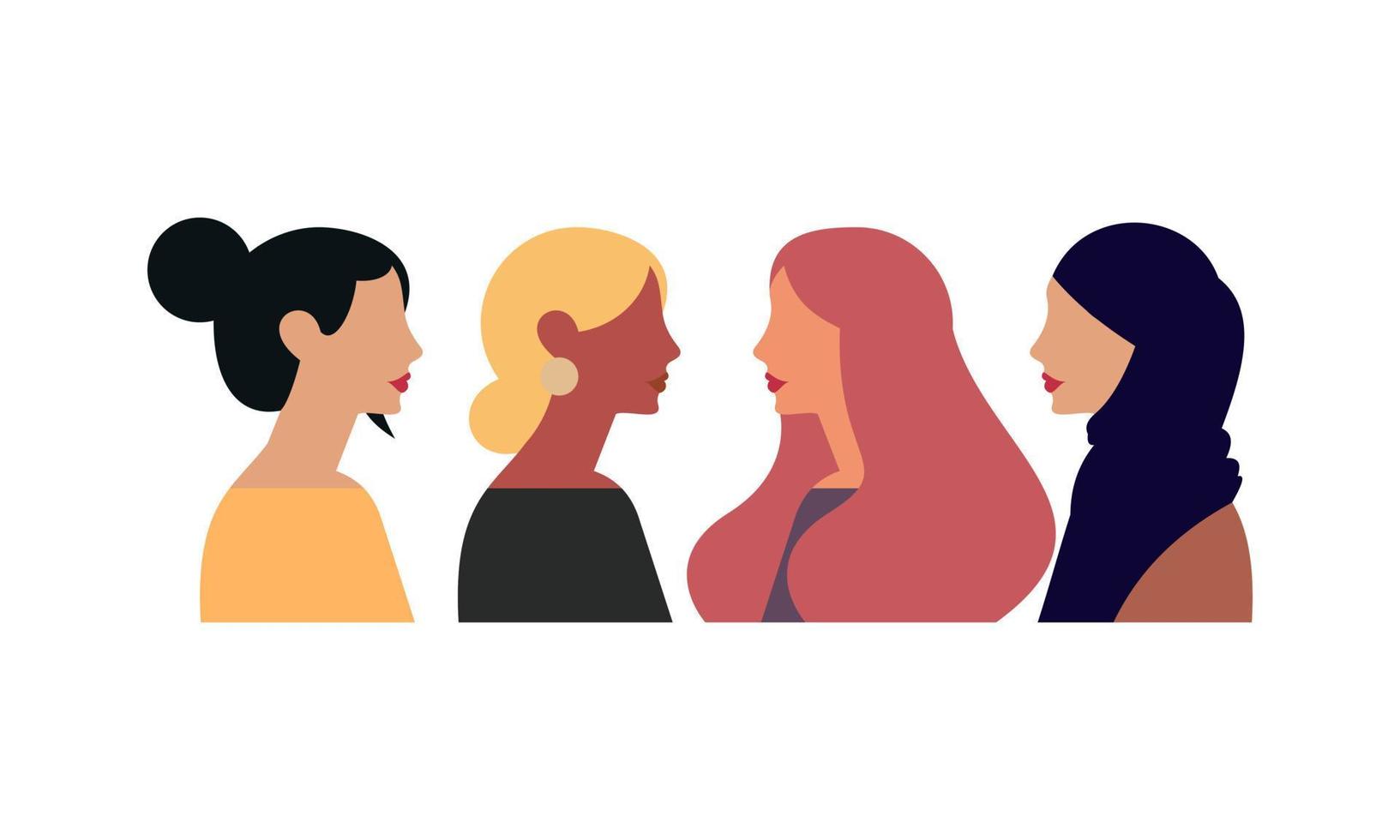 rostros femeninos diversos de afiche de diferentes etnias. movimiento de empoderamiento de la mujer. mujeres internacionales vector