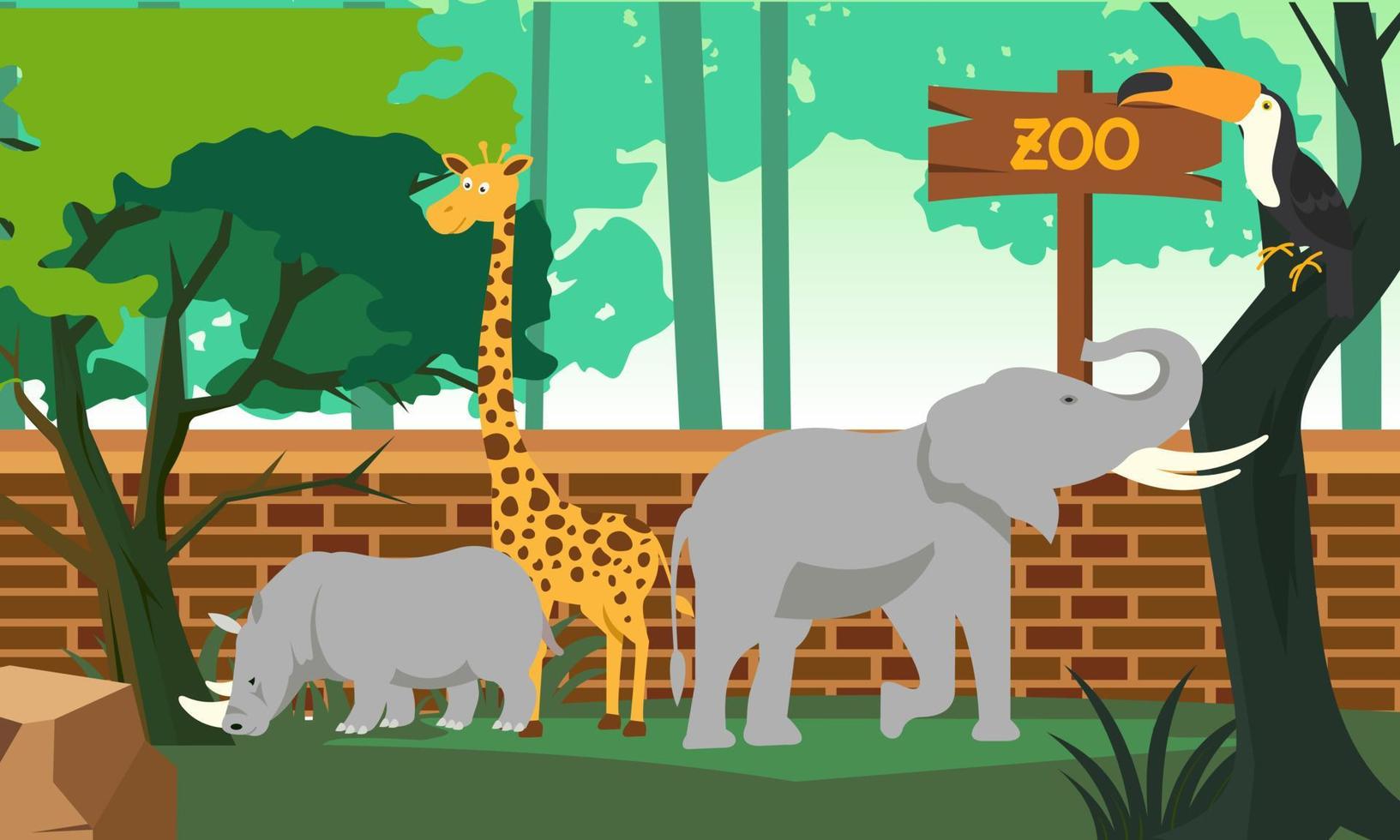 ilustración de dibujos animados del zoológico con animales de safari en el fondo del bosque vector