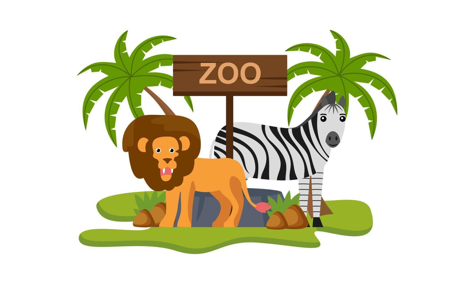 ilustración de dibujos animados del zoológico con animales de safari en el fondo del bosque vector