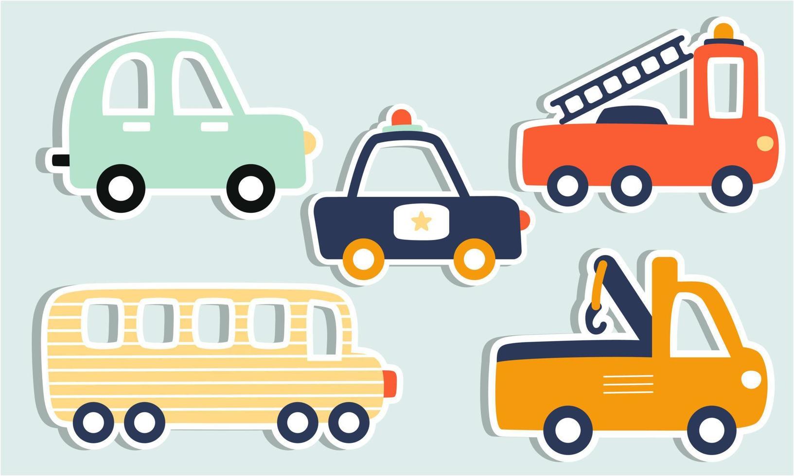 Set of funny transport stickers for kids hand drawn graphic. Vector illustration.