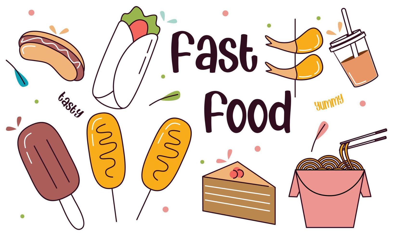 Fast food doodle hand drawn line art style object elements vector