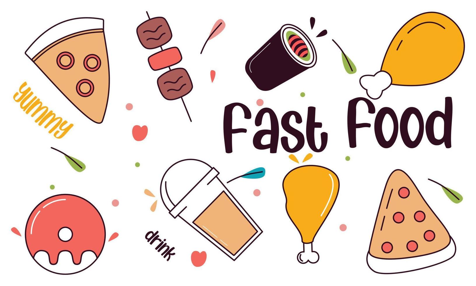 Fast food doodle hand drawn line art style object elements vector