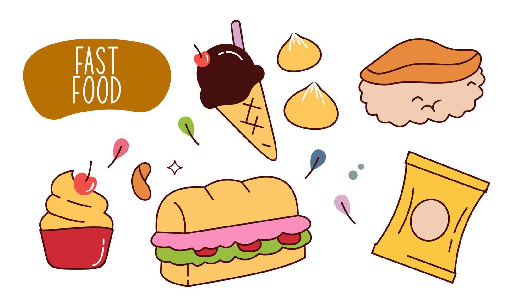 Fast food doodle hand drawn line art style object elements vector